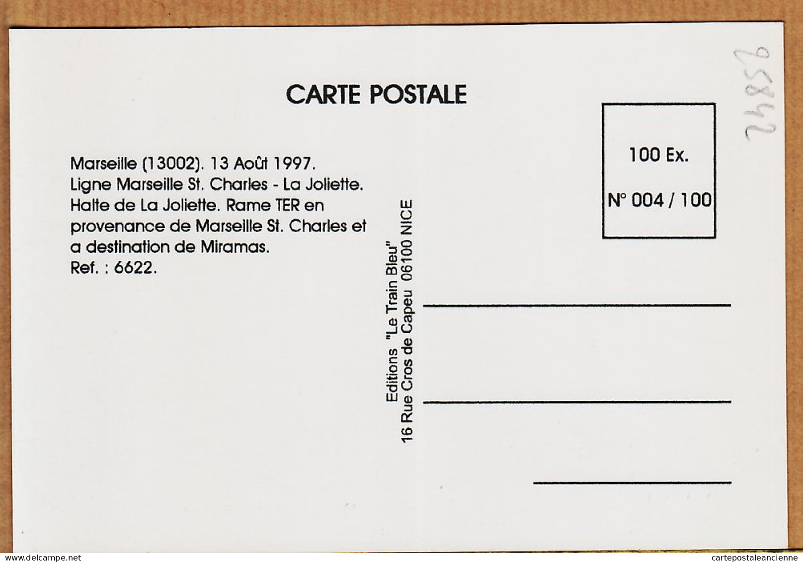 02595 ● ● Tirage Confidentiel 4/100 MARSEILLE Gare Ligne St CHARLES JOLIETTE Halte TER MIRAMAS Aout 1997 TRAIN BLEU - Quartier De La Gare, Belle De Mai, Plombières