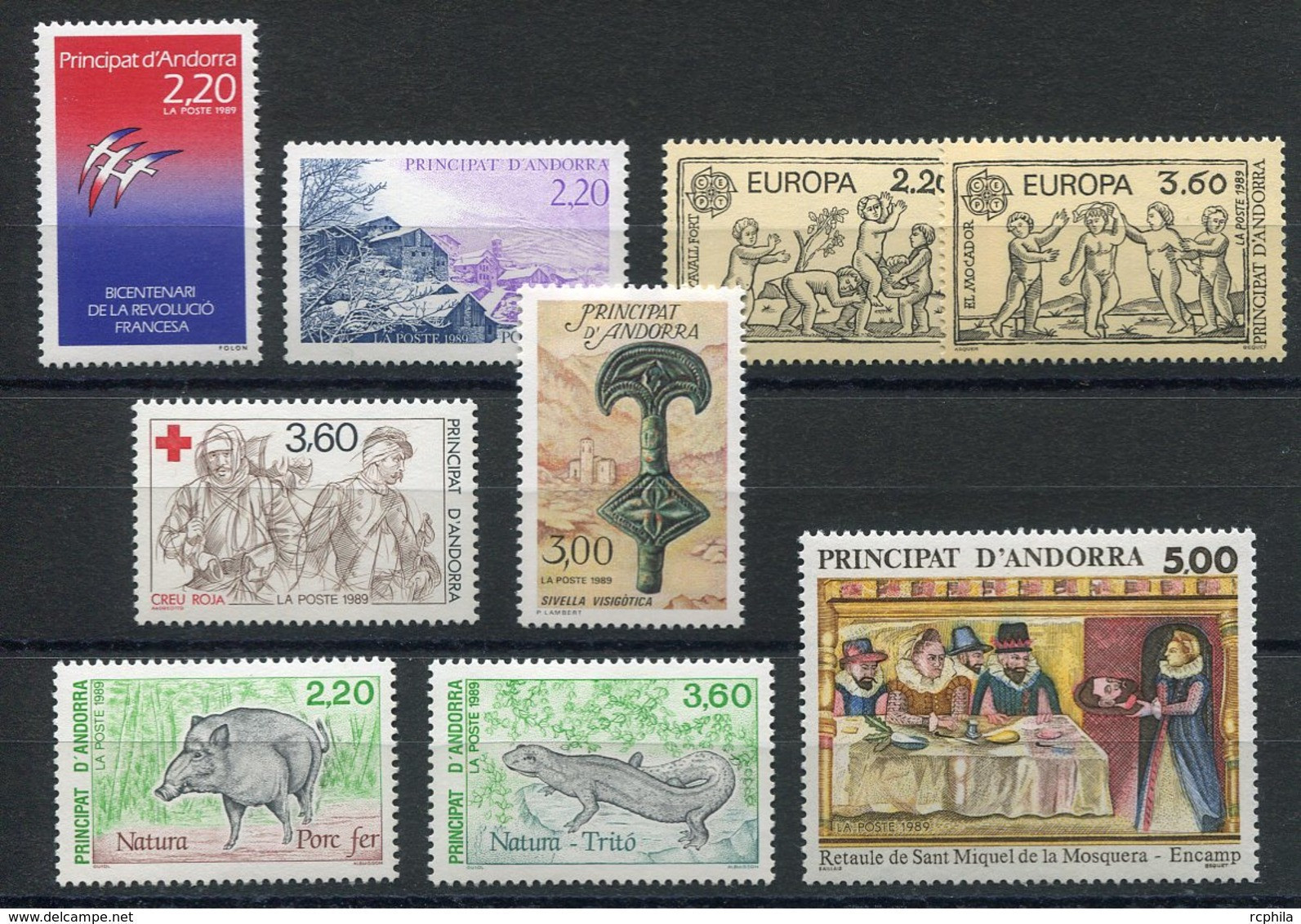 RC 19320 ANDORRE COTE 24,10€ - 1989 ANNÉE COMPLETE SOIT 9 TIMBRES N° 376 / 384 NEUF ** MNH TB - Full Years