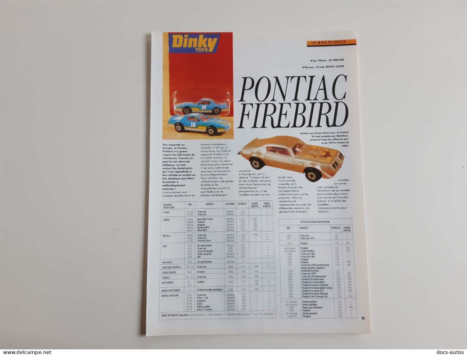 Miniatures Pontiac Firebird - Coupure De Presse - Altri & Non Classificati