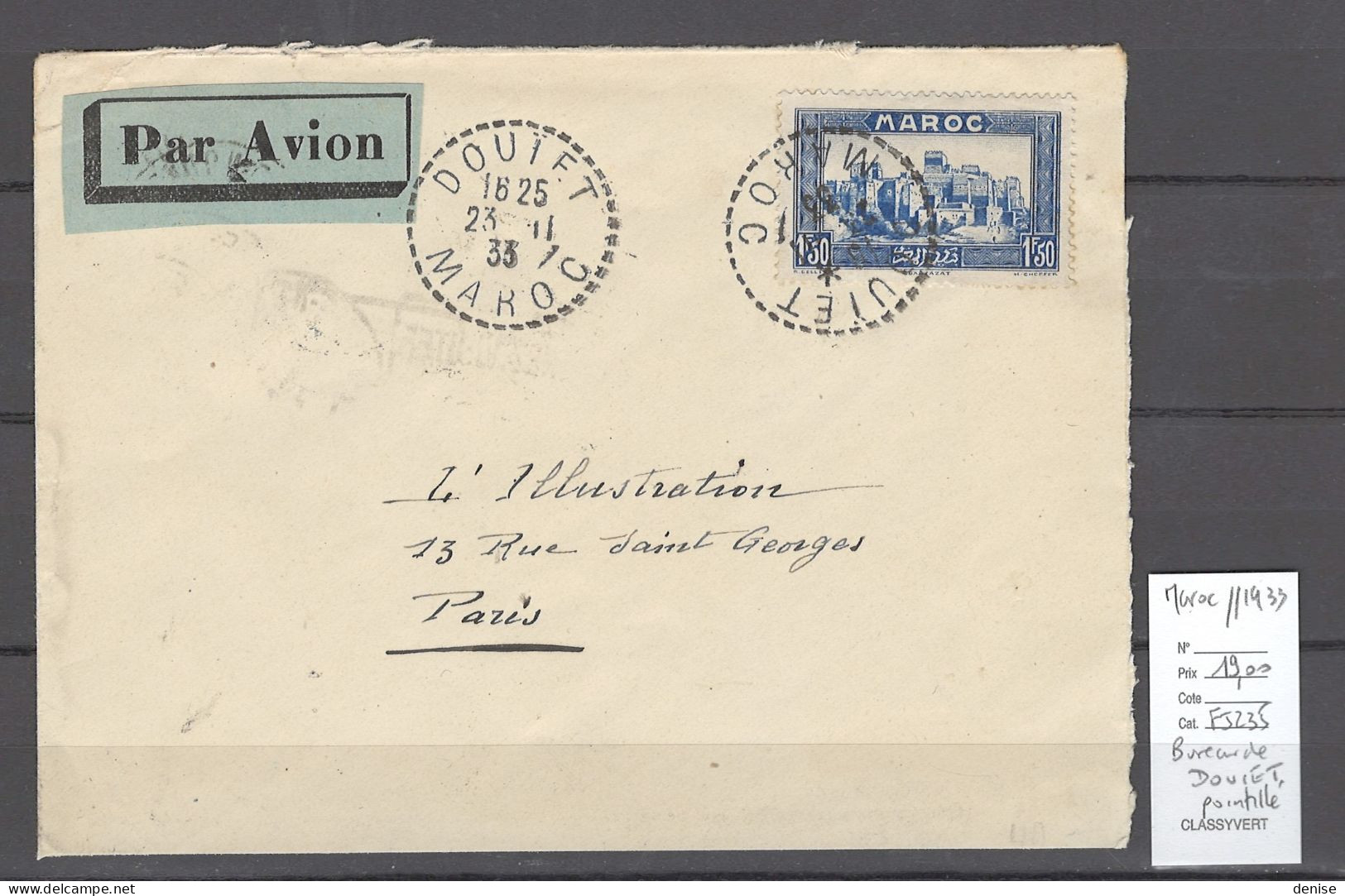 Maroc - Bureau De DOUIET - 1933 - Cachet Pointillé - Luftpost