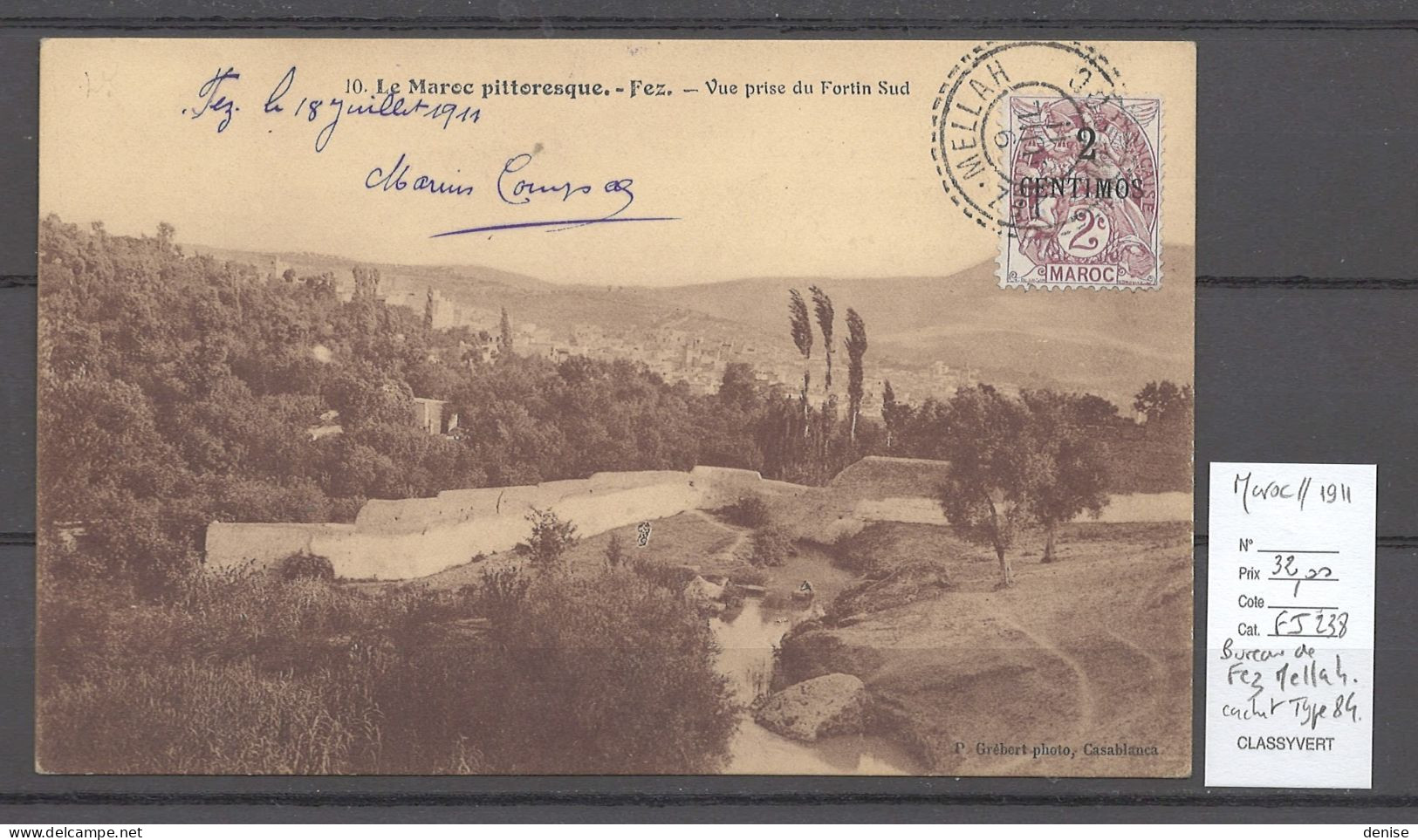 Maroc -CP -  Bureau De FEZ MELLAH - 1911 - Cachet Type 84 - Poste Aérienne