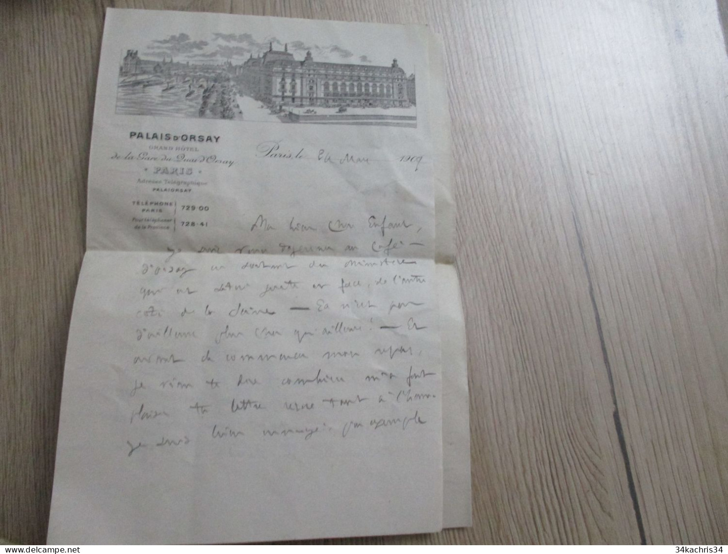 F5 Grand Hôtel De La Gare Quai D'Orsay Paris 2 Lettres à En Tête + Enveloppe Illustrées 1909 - Sport En Toerisme