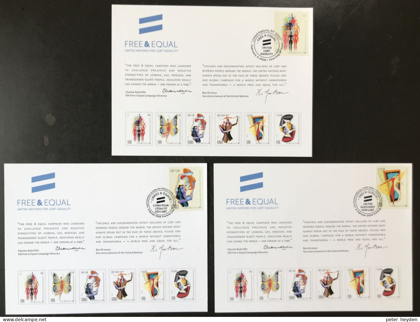 UNITED NATIONS 2016 ~ Equality For Lesbian, Gay, Bi-Sexual, Transgender ~ 3 Souvenir Cards  With FDC ~ LGBT - Emisiones Comunes New York/Ginebra/Vienna