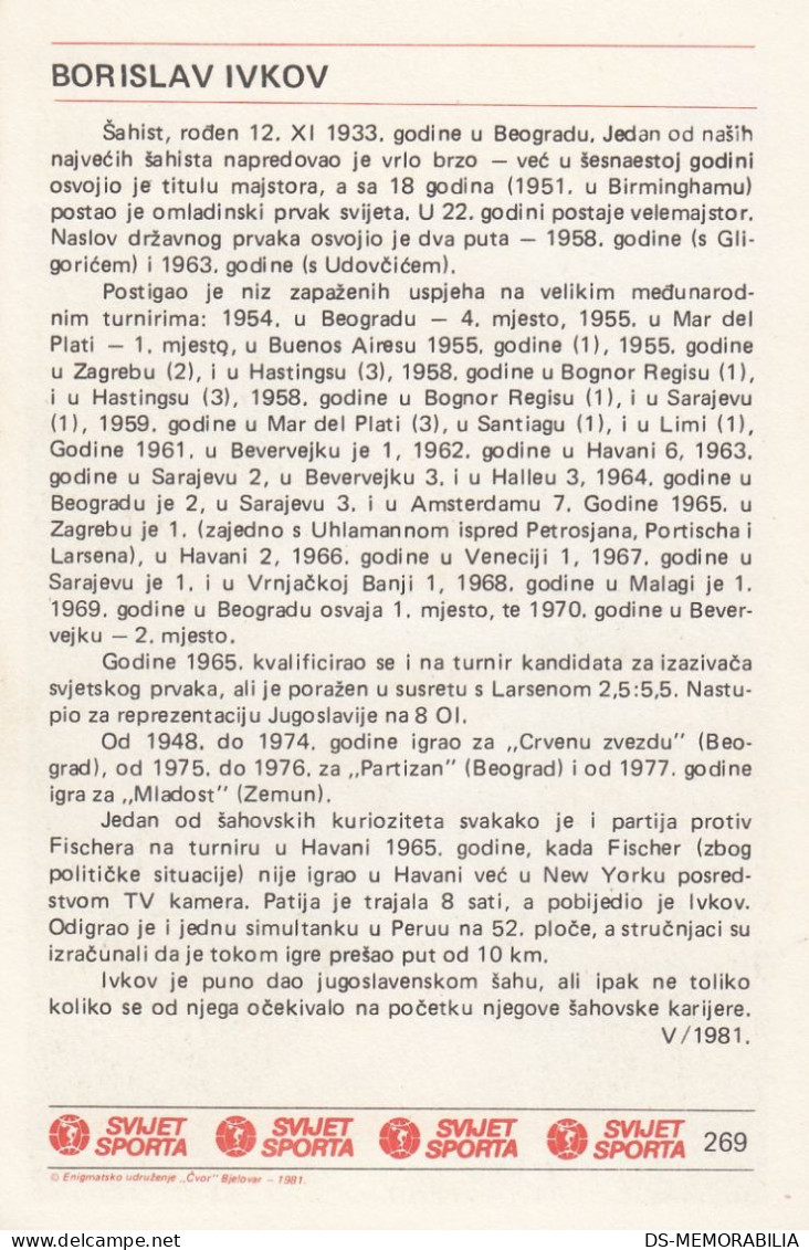 Borislav Ivkov Yugoslavia Chess Trading Card Svijet Sporta - Schaken