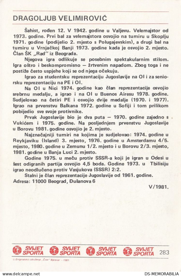Dragoljub Velimirovic Yugoslavia Chess Trading Card Svijet Sporta - Echecs