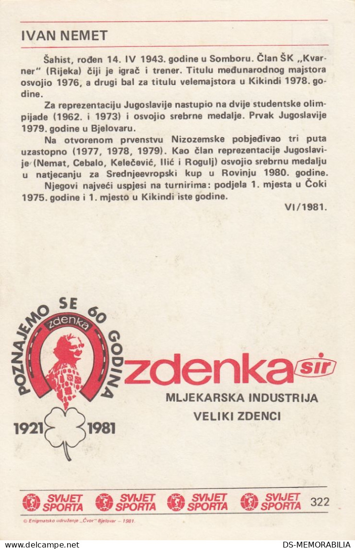 Ivan Nemet Yugoslavia Chess Trading Card Svijet Sporta - Echecs
