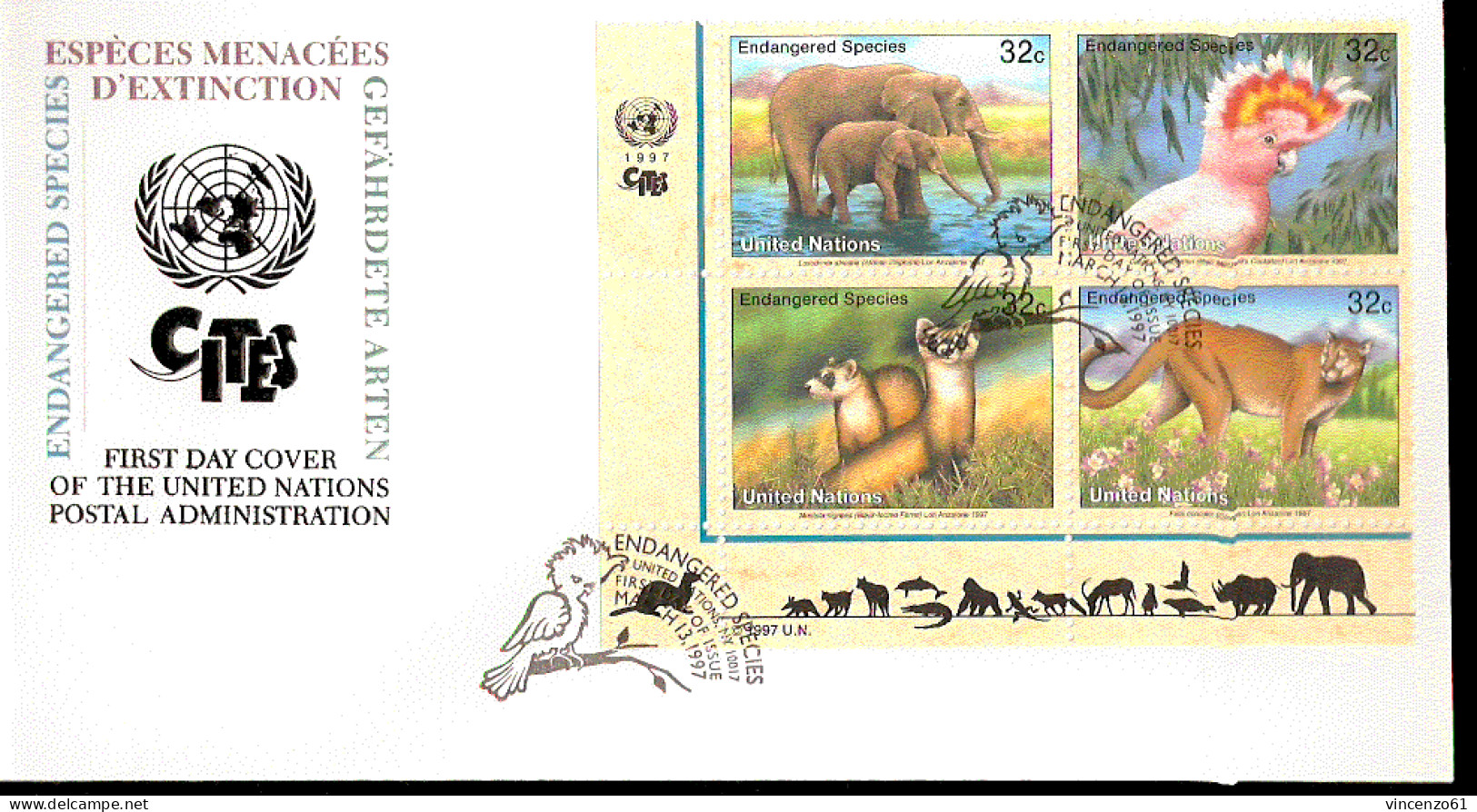 NATION UNIES FDC ANIMALI IN VIA DI ESTINZIONE 1997 - Otros & Sin Clasificación