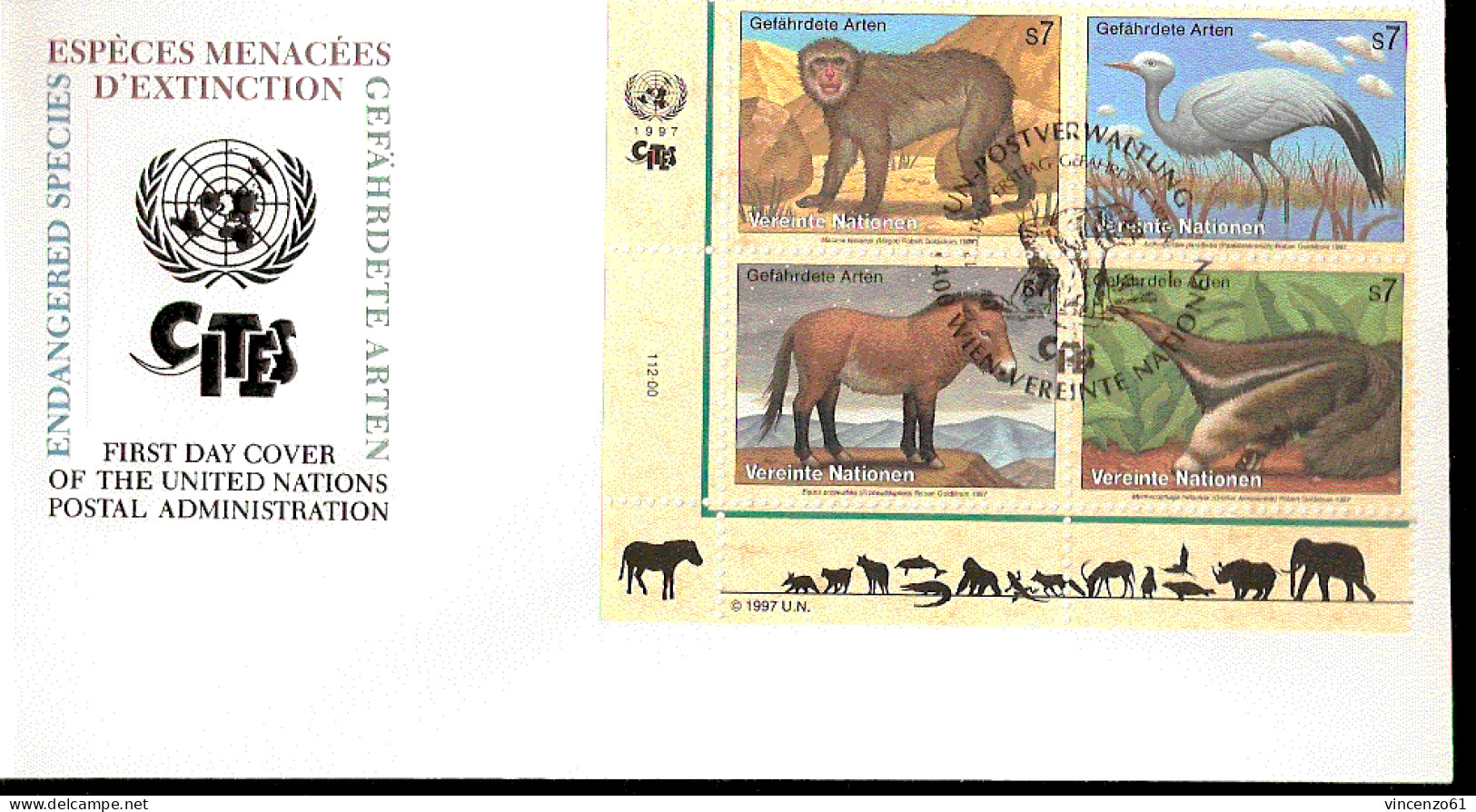 NATION UNIES FDC ANIMALI IN VIA DI ESTINZIONE 1997 - Autres & Non Classés