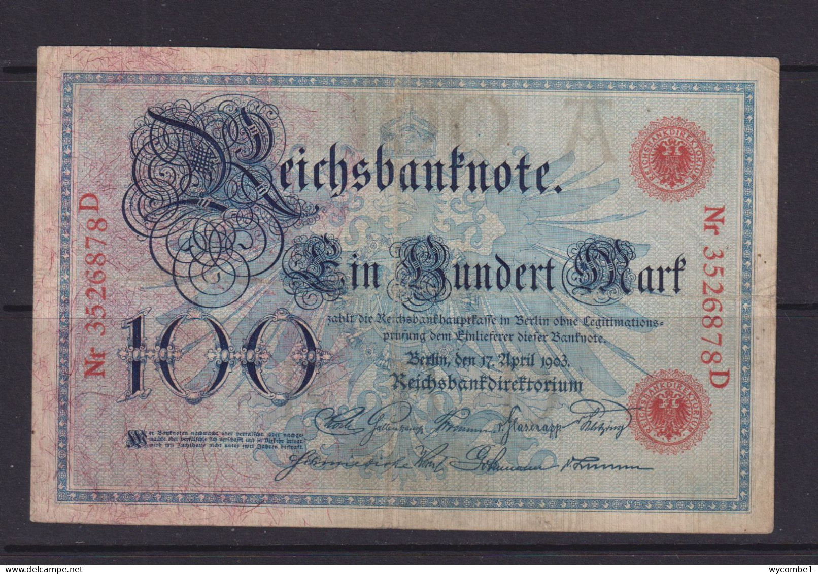 GERMANY - 1903 Reichsbanknote  100 Mark Circulated Banknote - 100 Mark