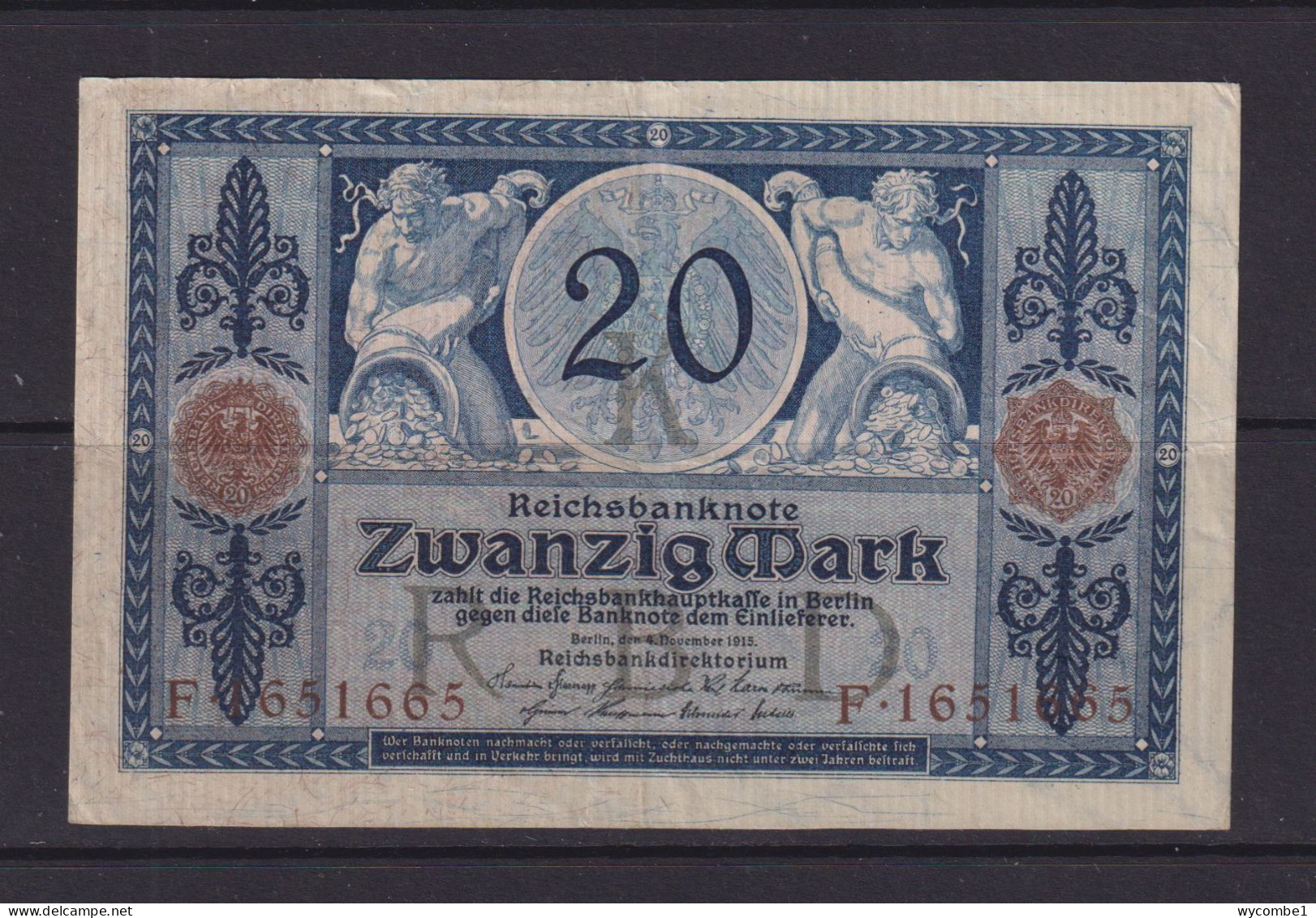 GERMANY - 1915 Reichsbanknote  20 Mark Circulated Banknote - 20 Mark