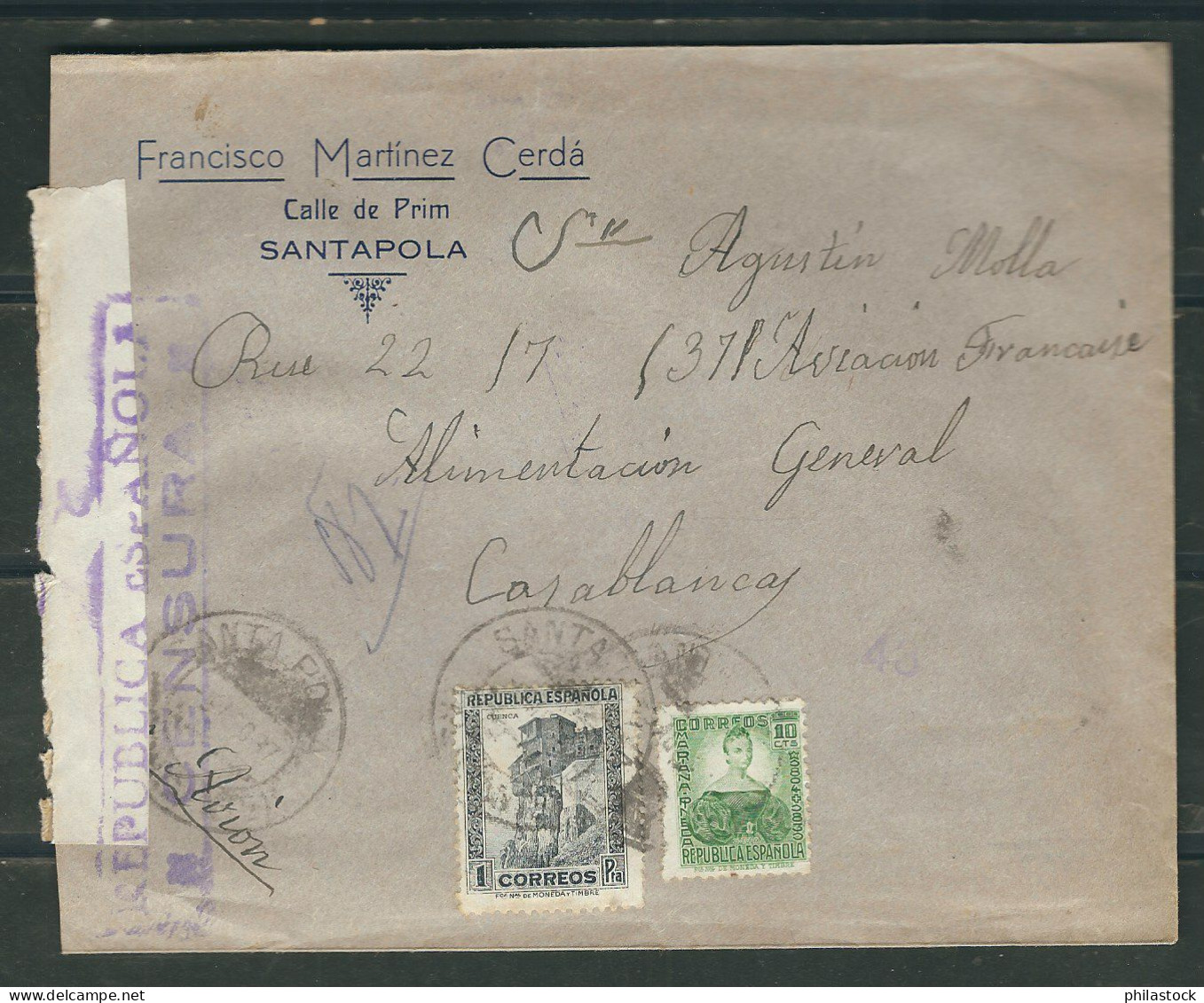 ESPAGNE 1937 Lettre Censurée De Santapola Pour Casablanca Maroc - Bolli Di Censura Nazionalista