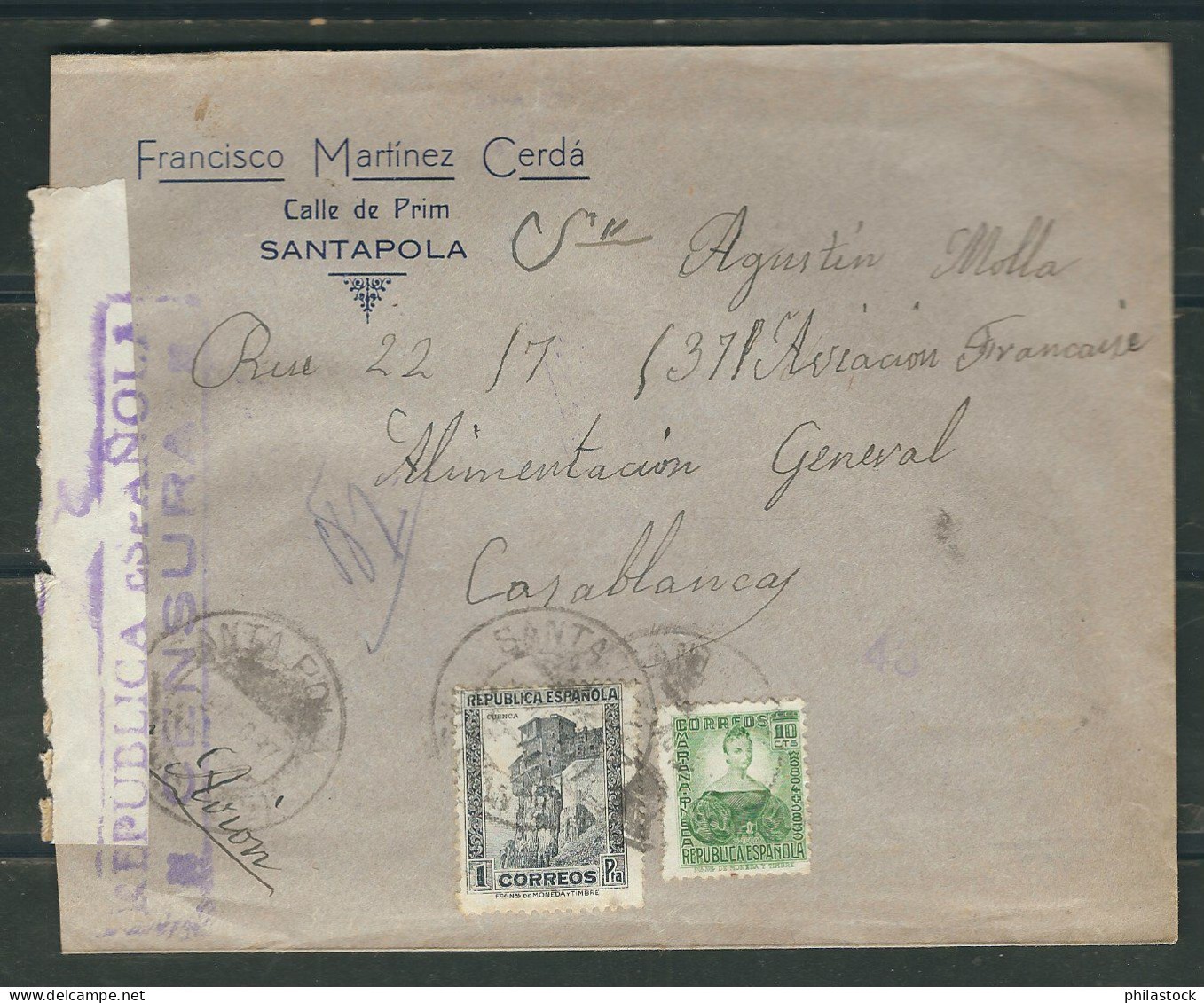 ESPAGNE 1937 Lettre Censurée De Santapola Pour Casablanca Maroc - Marcas De Censura Nacional