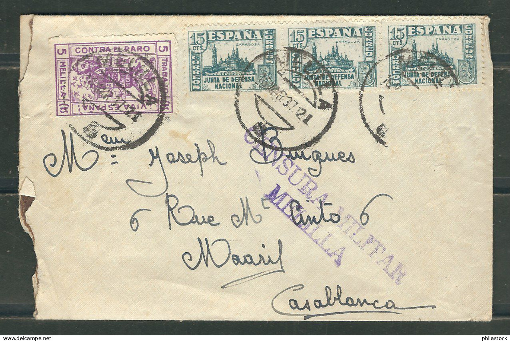 ESPAGNE 1937 Lettre Censurée De Melilla Pour Casablanca Maroc - Bolli Di Censura Nazionalista