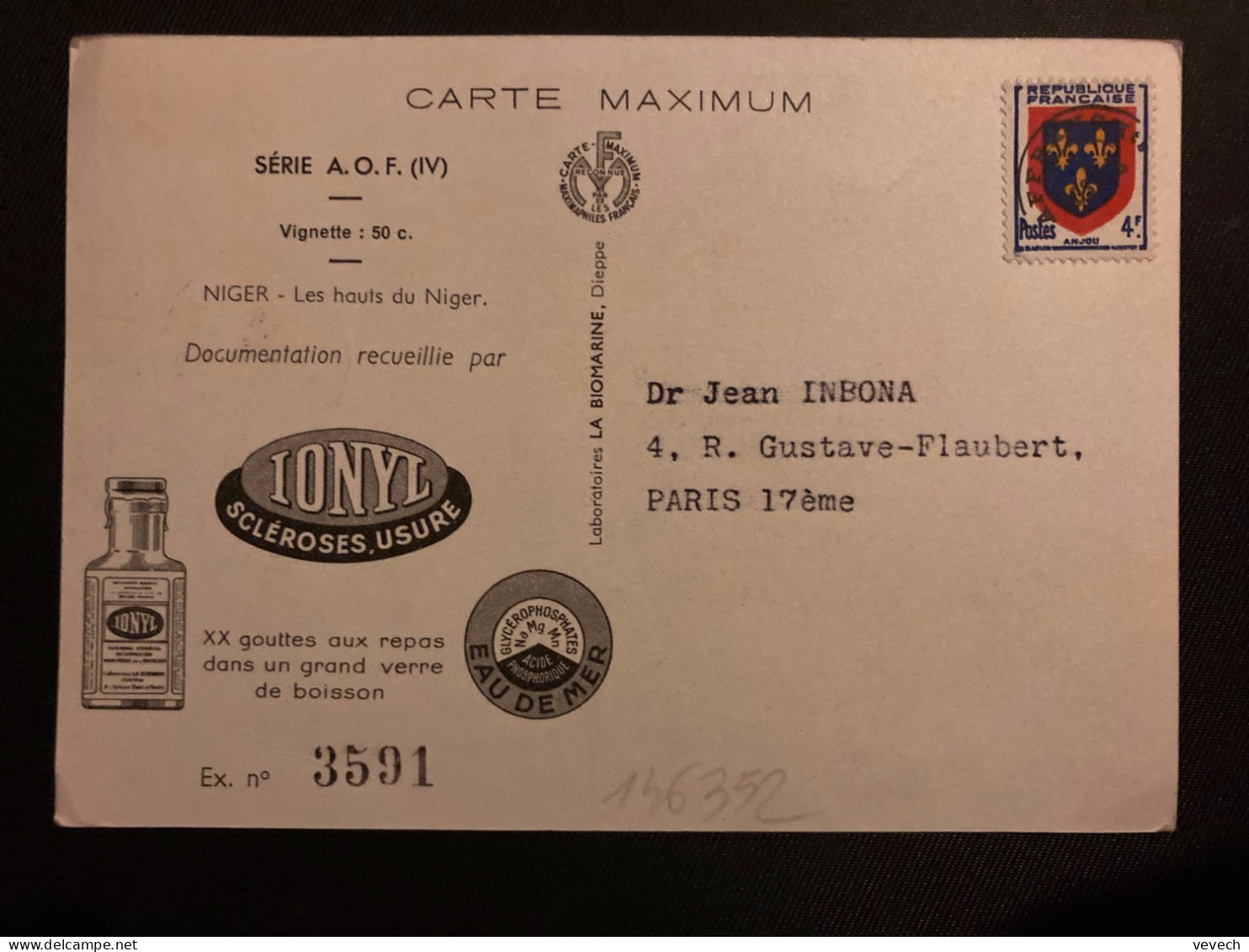 CP AOF NIGER TP AOF 50c OBL + PUB IONYL TP PREO ANJOU 4F - 1953-1960