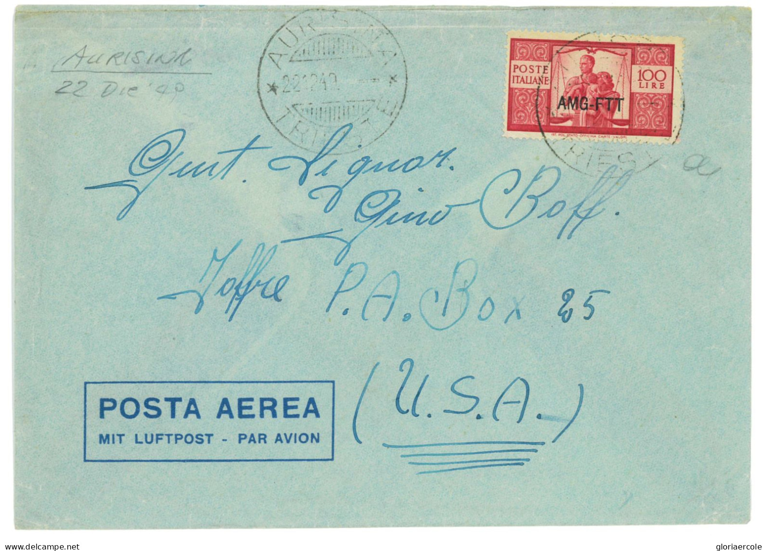 P2664 - ITALIA AMG-FTT , SASSONE NR. 67 L 100 DEMOCRATICA TARIFFA ESATTA PER GLI USA 22.12.49 - Poststempel