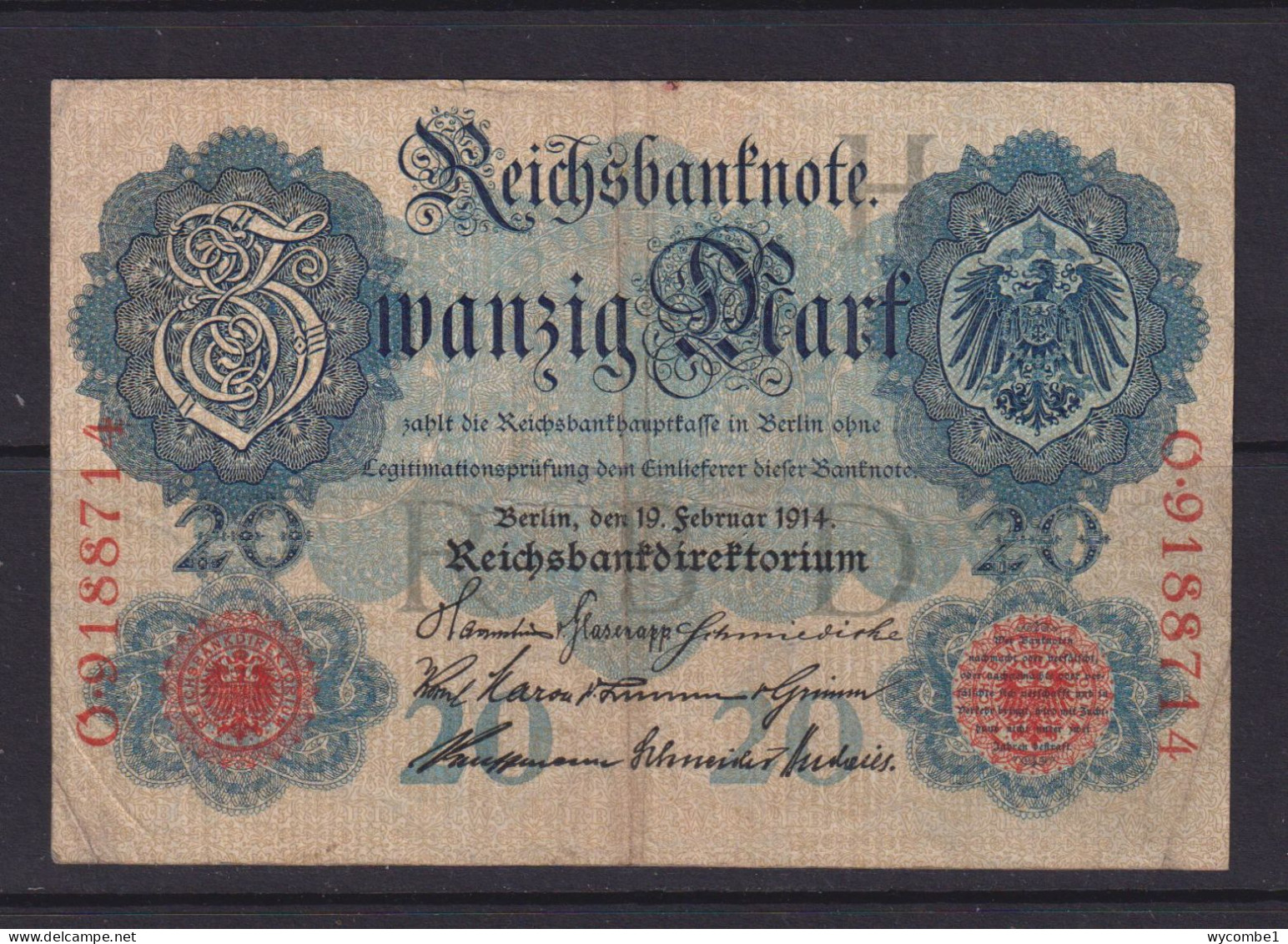 GERMANY - 1914 Reichsbanknote  20 Mark Circulated Banknote - 20 Mark