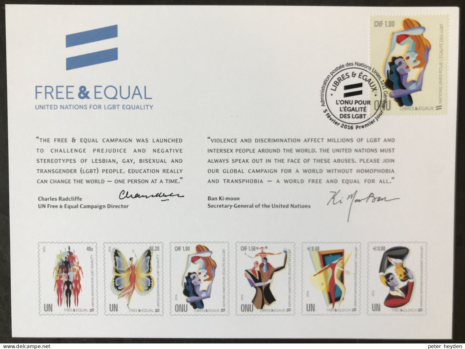 UNITED NATIONS 2016 ~ Equality For Lesbian, Gay, Bi-Sexual, Transgender ~ Souvenir Card Geneva With FDC ~ LGBT - Emisiones Comunes New York/Ginebra/Vienna