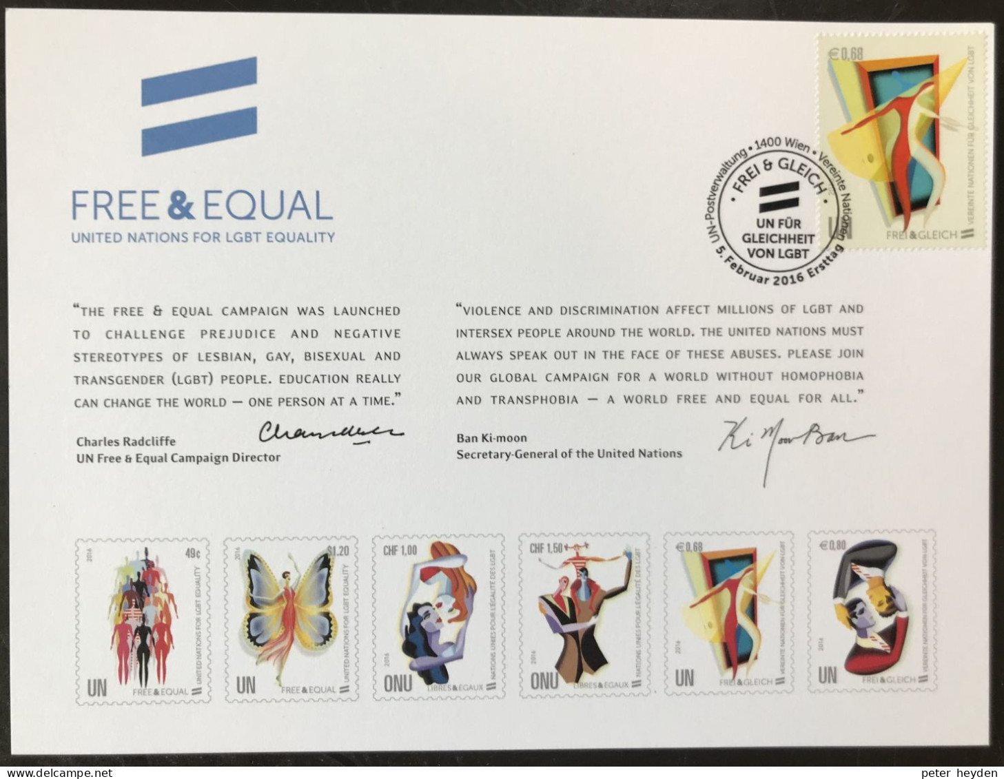 UNITED NATIONS 2016 ~ Equality For Lesbian, Gay, Bi-Sexual, Transgender ~ Souvenir Card Vienna With FDC ~ LGBT - Emissions Communes New York/Genève/Vienne