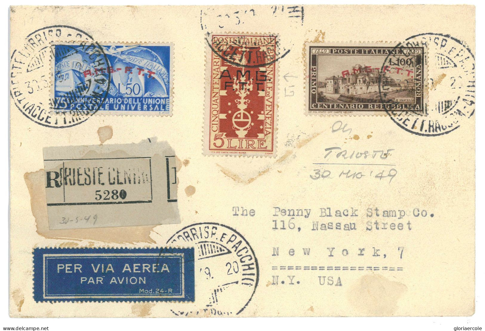 P2666 - ITALIA AMG-FTT , 100 L REPUBBLICA ROMANA PIÙ ALTRI IN TARIFFA ESATTA PER GLI USA 30.5.49 FDC. - Marcophilia