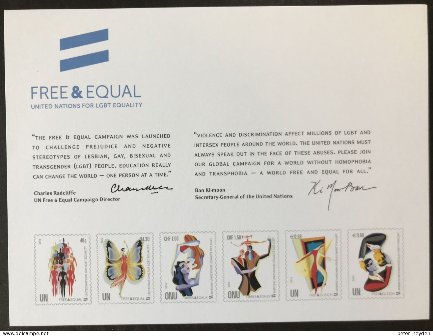 UNITED NATIONS 2016 ~ Equality For Lesbian, Gay, Bi-Sexual, Transgender ~ Souvenir Card ~ LGBT - Emisiones Comunes New York/Ginebra/Vienna