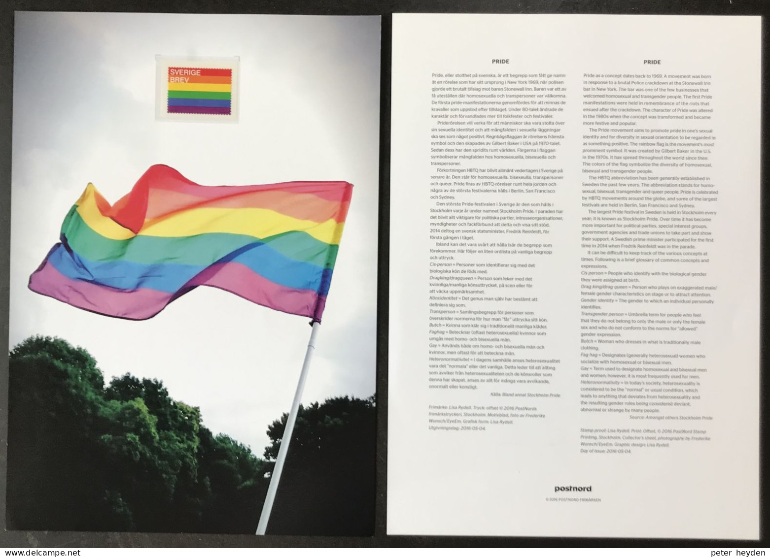 SWEDEN Sverige Schweden 2016 ~ Pride Collector's Sheet With MNH Stamp ~ LGBT Lesbian Gay, Bi-Sexual Transgender Rainbow - Nuovi