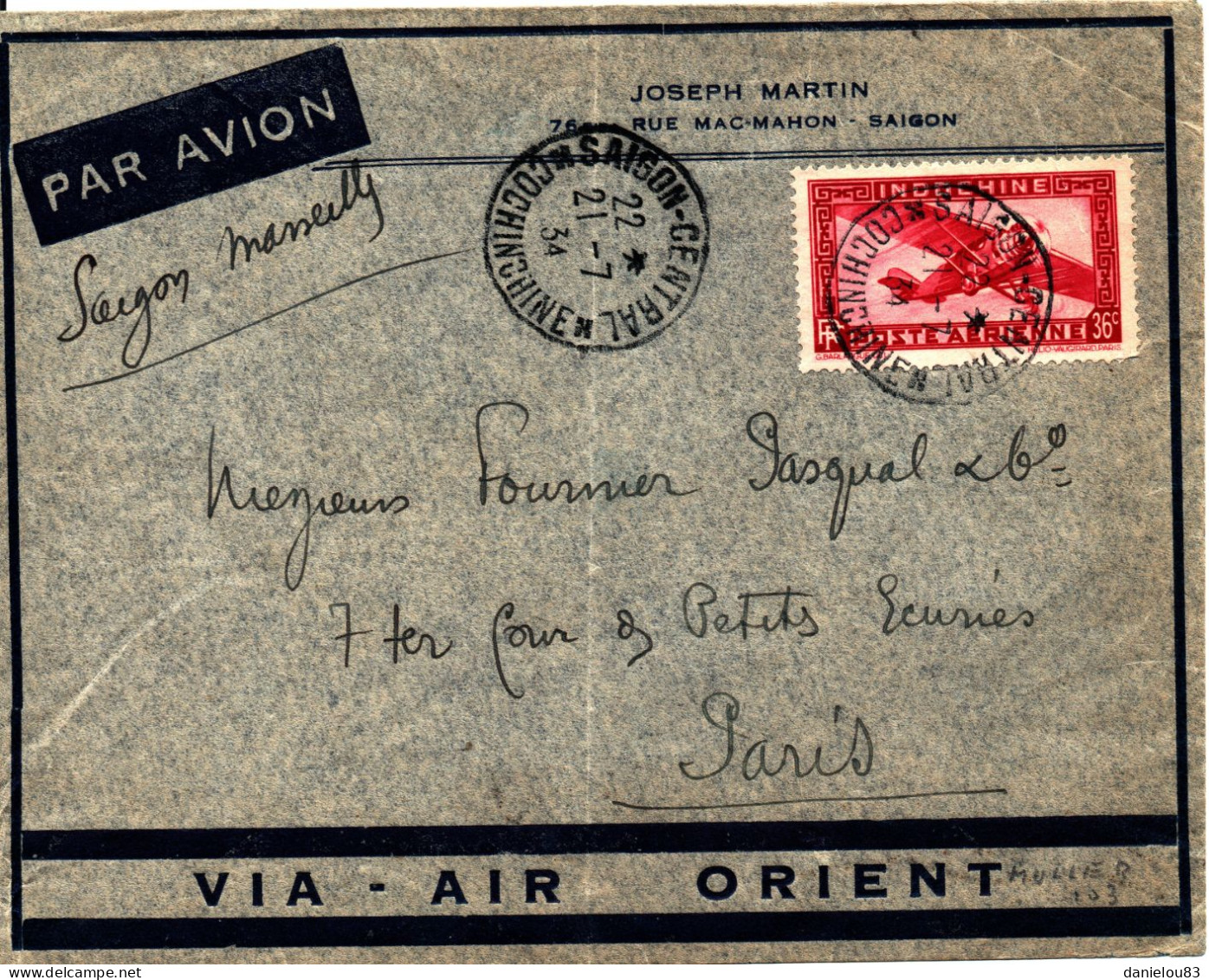 Lettre Par Avion AIR ORIENT SAIGON MARSEILLE, Sur Enveloppe Commerciale - 21 Juillet 1934 - Altri - Asia