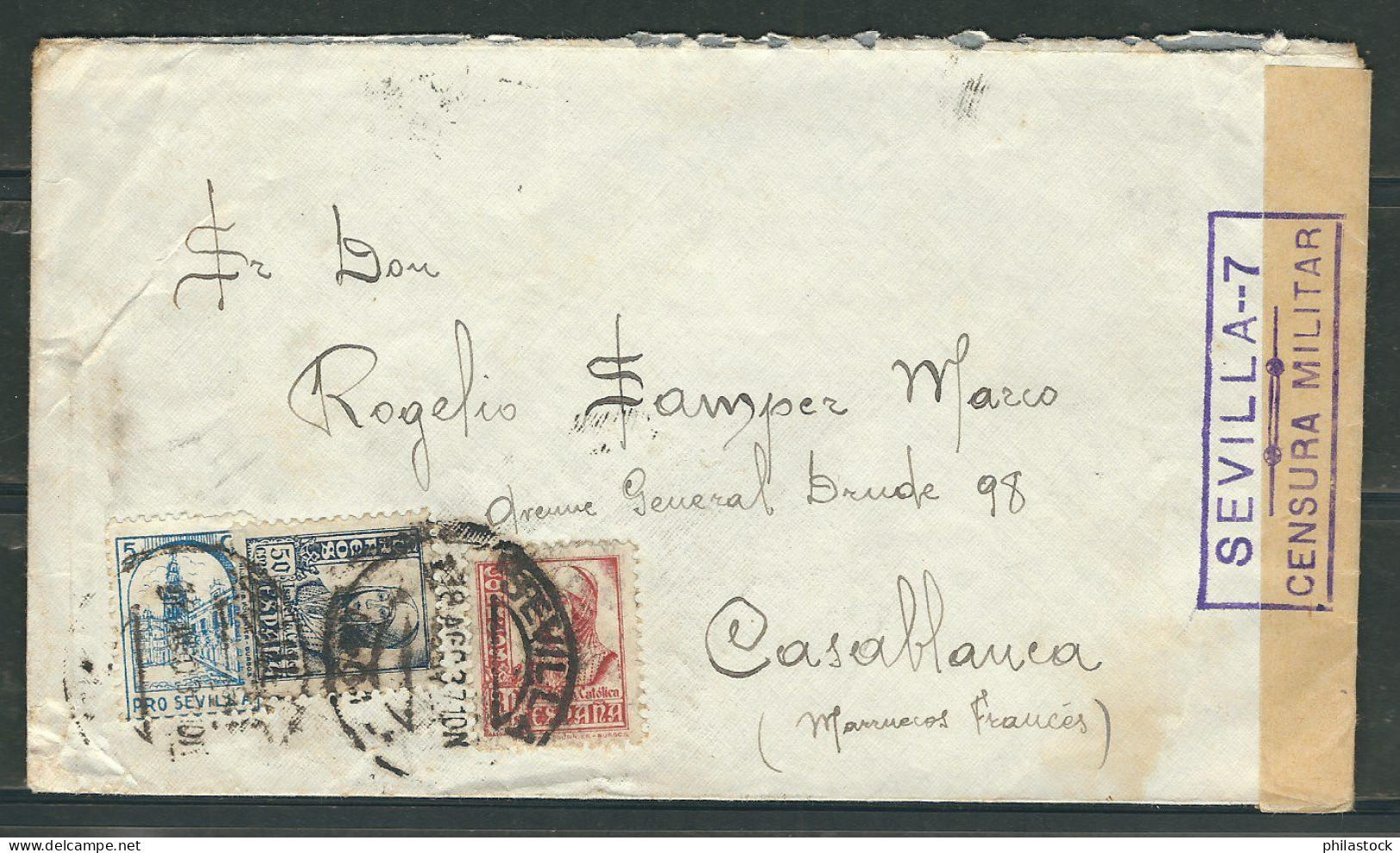 ESPAGNE 1937 Lettre Censurée De Seville Pour Casablanca Maroc - Nationalists Censor Marks