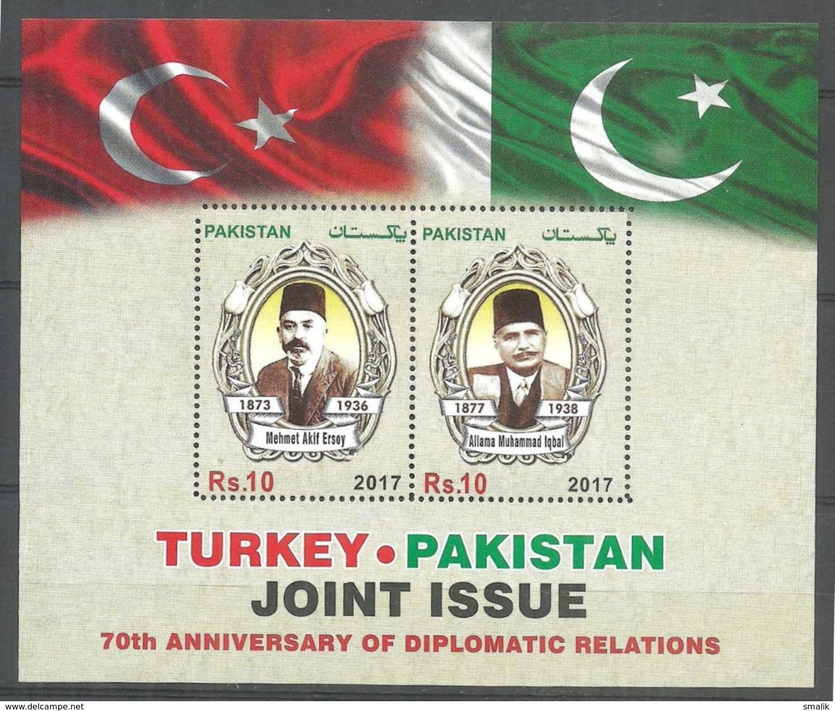 PAKISTAN 2017 Joint Issue With Turkey, 70th Anni. Of Diplomatic Relations, Iqbal & Akif Poet, Miniature Sheet, Fine Used - Pakistan