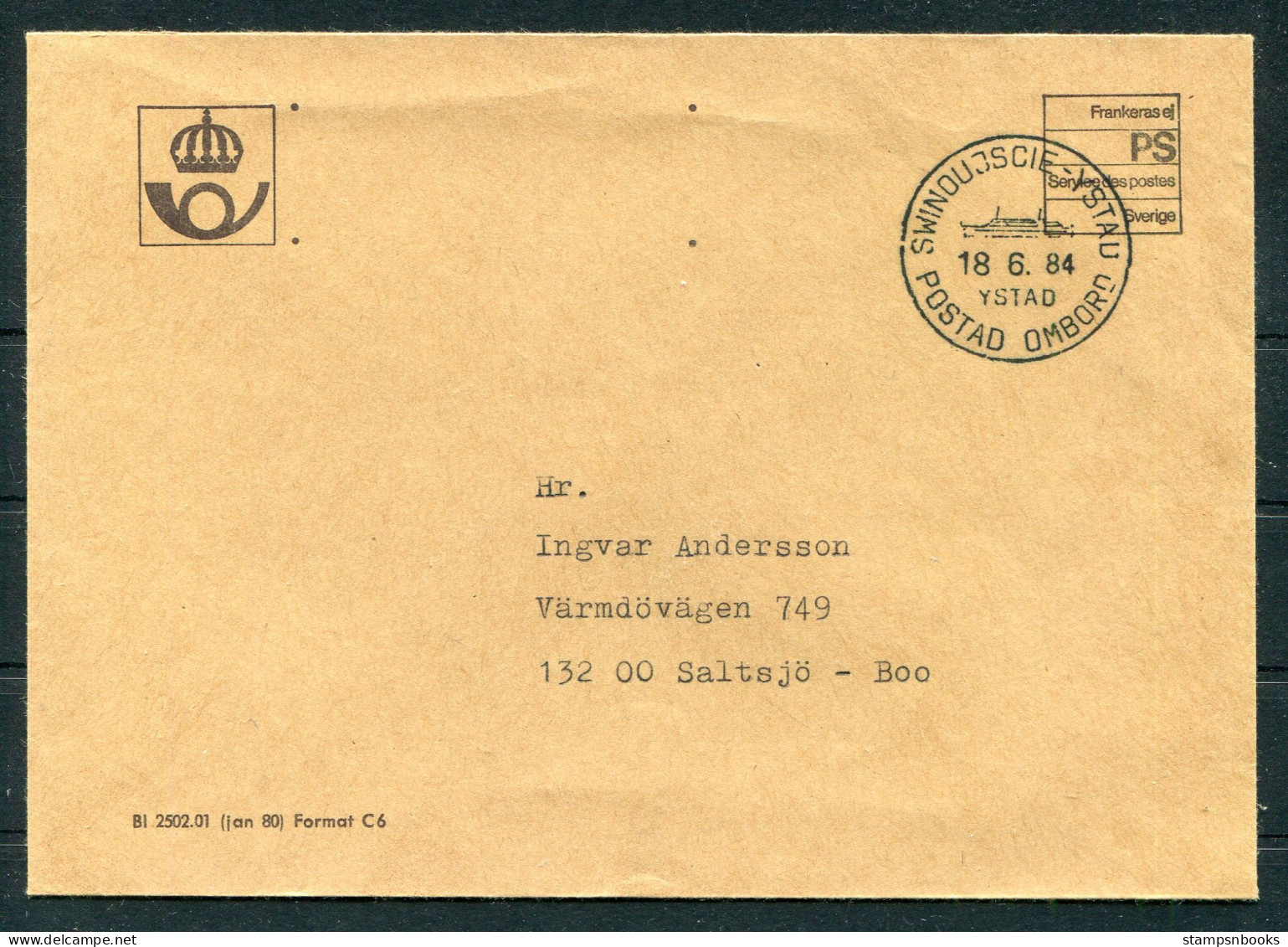 1984 Sweden Ystad Posted On Board Ship Cover - Storia Postale