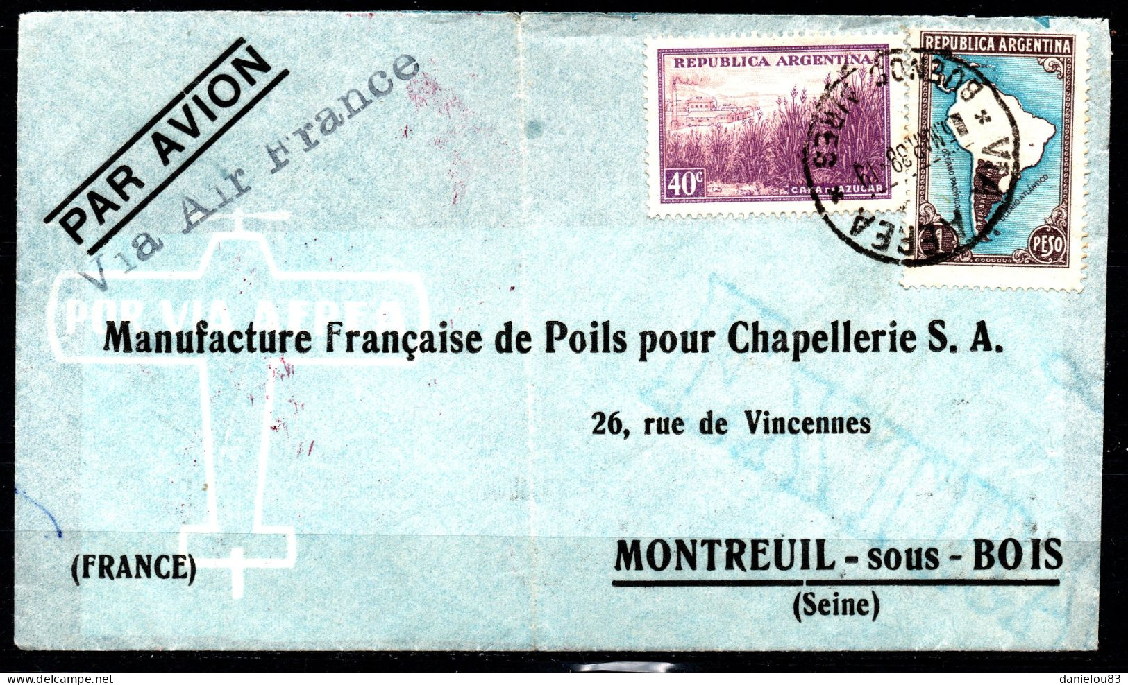 AIR FRANCE 1938 Courrier Argentine Vers France Par Avion 10 Anniversaire LIGNE  MERMOZ - Posta Aerea