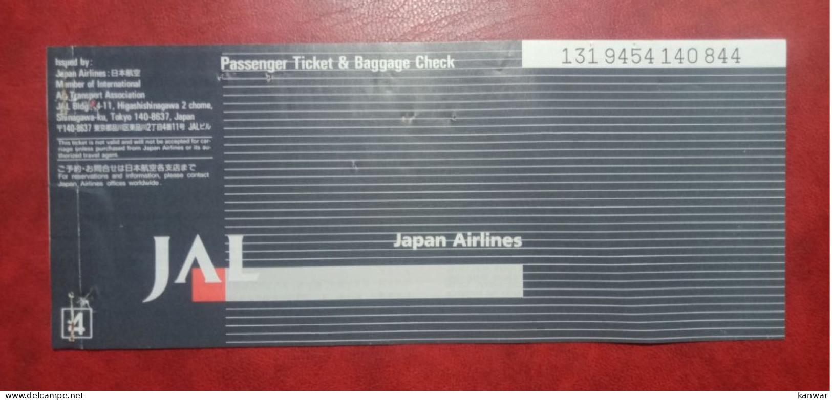 2001 JAPAN AIRLINES PASSENGER TICKET AND BAGGAGE CHECK - Tickets