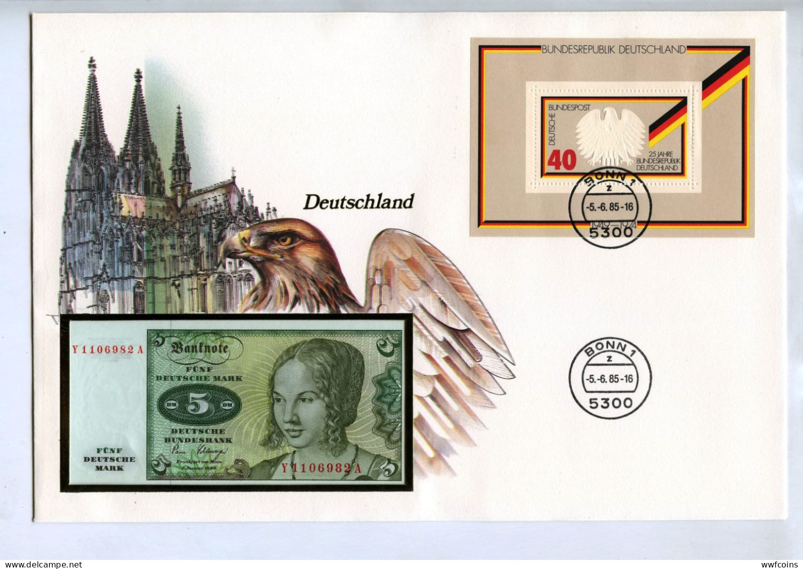 GIANT POSTCARD COMMEMORATIVE GERMANIA QUERCIA GHIANDA FIRST DAY ISSUE FDS UNC (1) - 5 Deutsche Mark