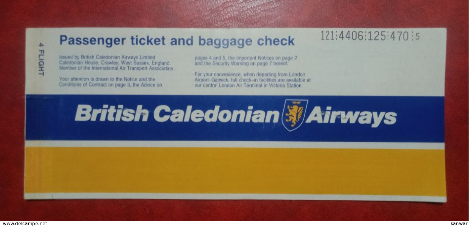 1988 BRITISH CALEDONIAN AIRWAYS AIRLINES PASSENGER TICKET AND BAGGAGE CHECK - Biglietti