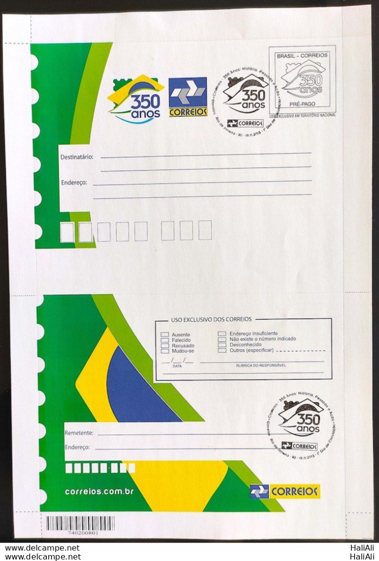 Cod 143 Brazil Aerogram Without Adhesive Tape 350 Years Correios 2013 With CBC RJ - Postal Stationery