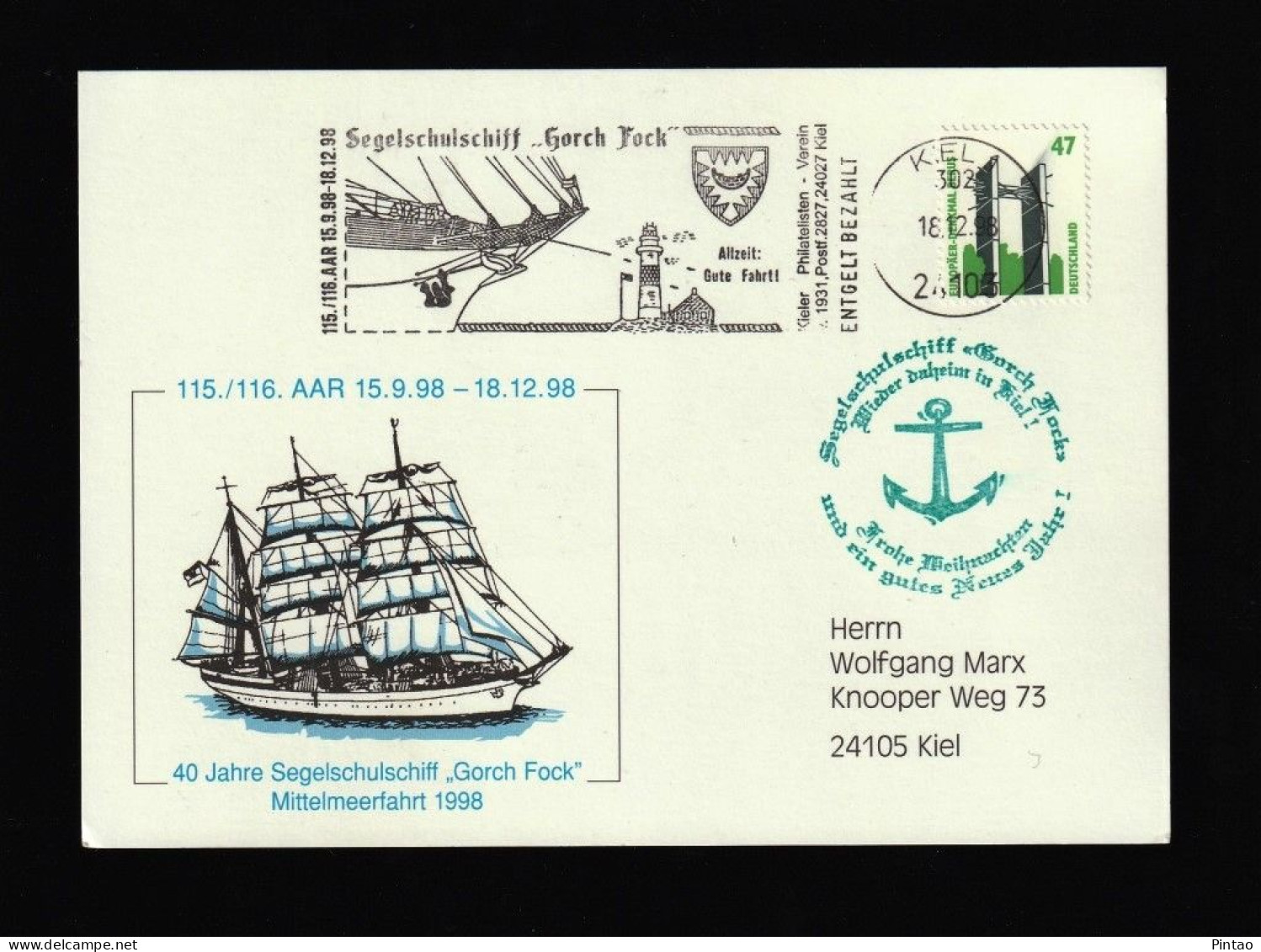 PCU0791- ALEMANHA 1998- USADO C/ SELO_  BARCOS - FARÓIS - Cartes Postales - Oblitérées