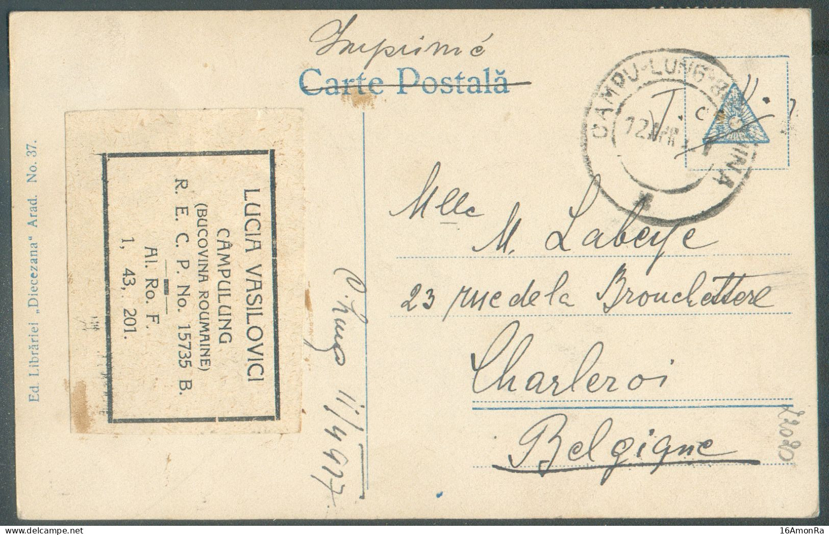 50b. Orange (x2) + 1L. Violet Obl. Dc CAMPU-LUNG-BUCOVINA Sur C.P. Du 7-2-1917 Vers Charleroi - 22020 - Covers & Documents