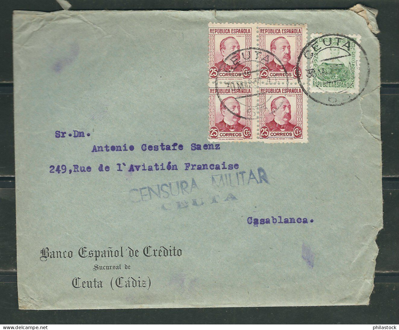 ESPAGNE 1937 Lettre Censurée De Ceuta Pour Casablanca Maroc - Nationalistische Censuur