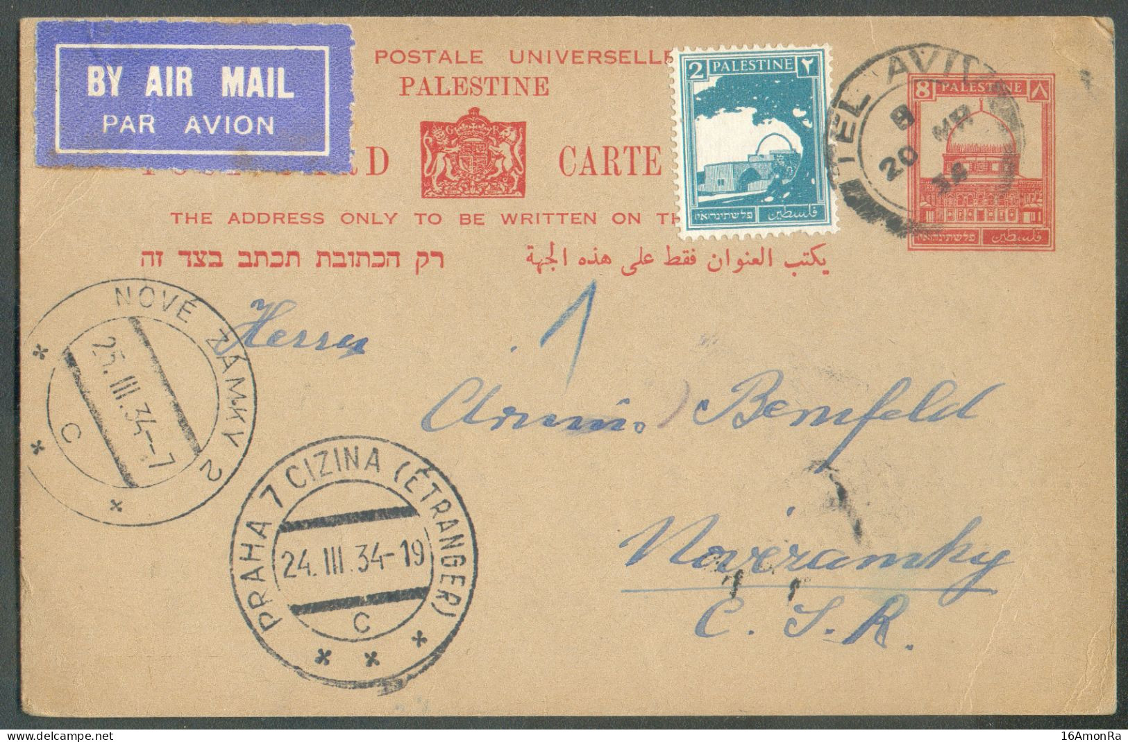 P.Sta. Card 8p. + Tp 2p. Cancelled TEL AVIV (ISRAEL) 20 March 1934 To Nove Zamky Via Prague (Tchecoslovaquie) - 22021 - Palestine