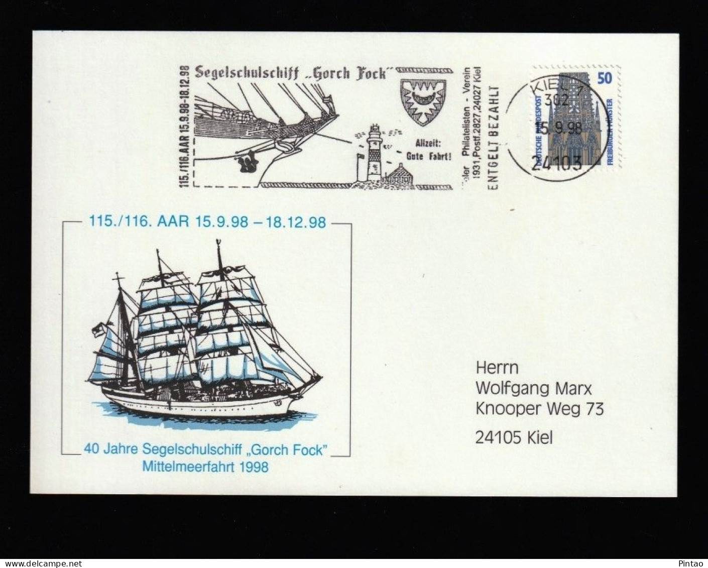 PCU0793- ALEMANHA 1998- USADO C/ SELO_  BARCOS - FARÓIS - Cartes Postales - Oblitérées