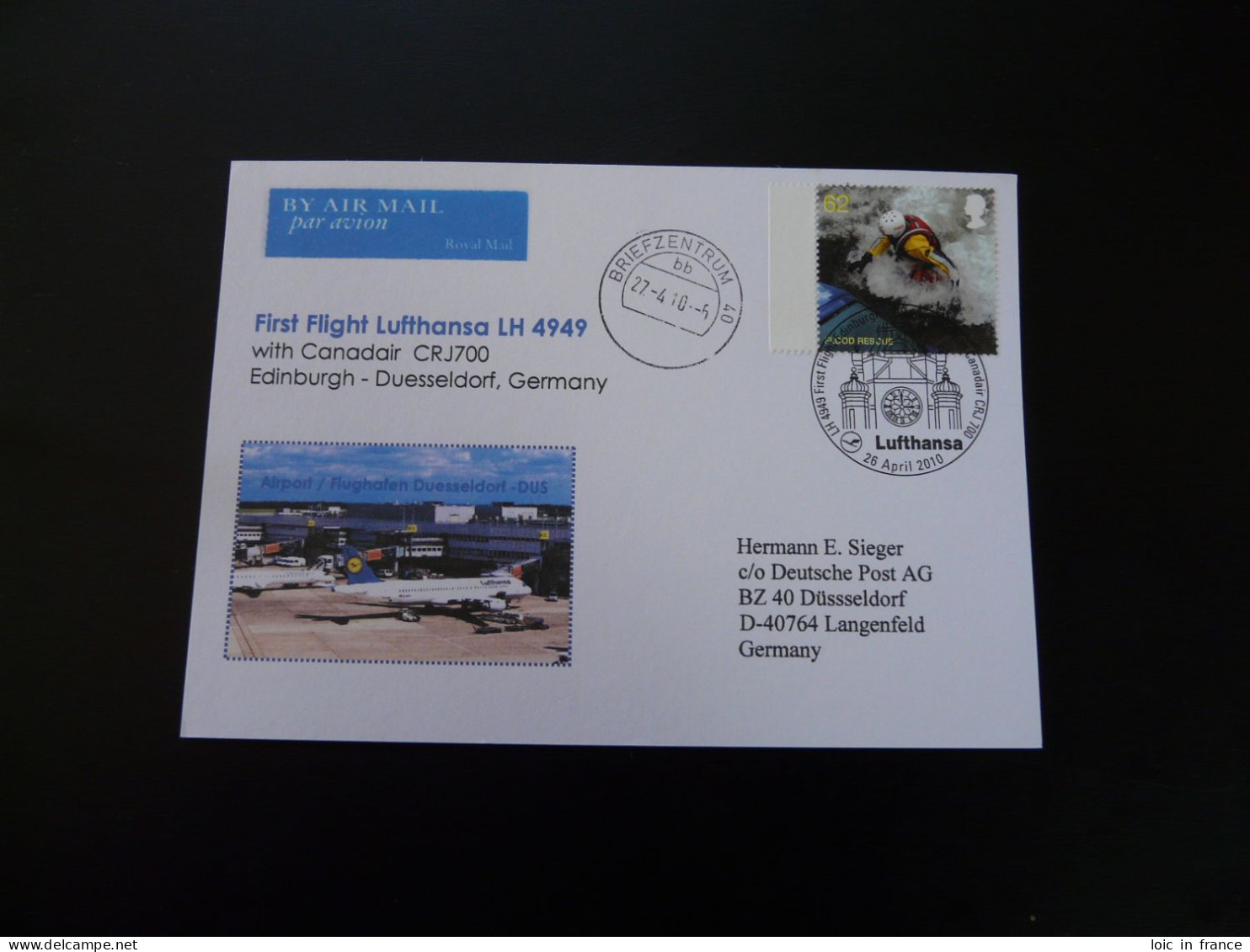 Premier Vol First Flight Edinburgh Dusseldorf Canadair CRJ700 Lufthansa 2010 - Briefe U. Dokumente