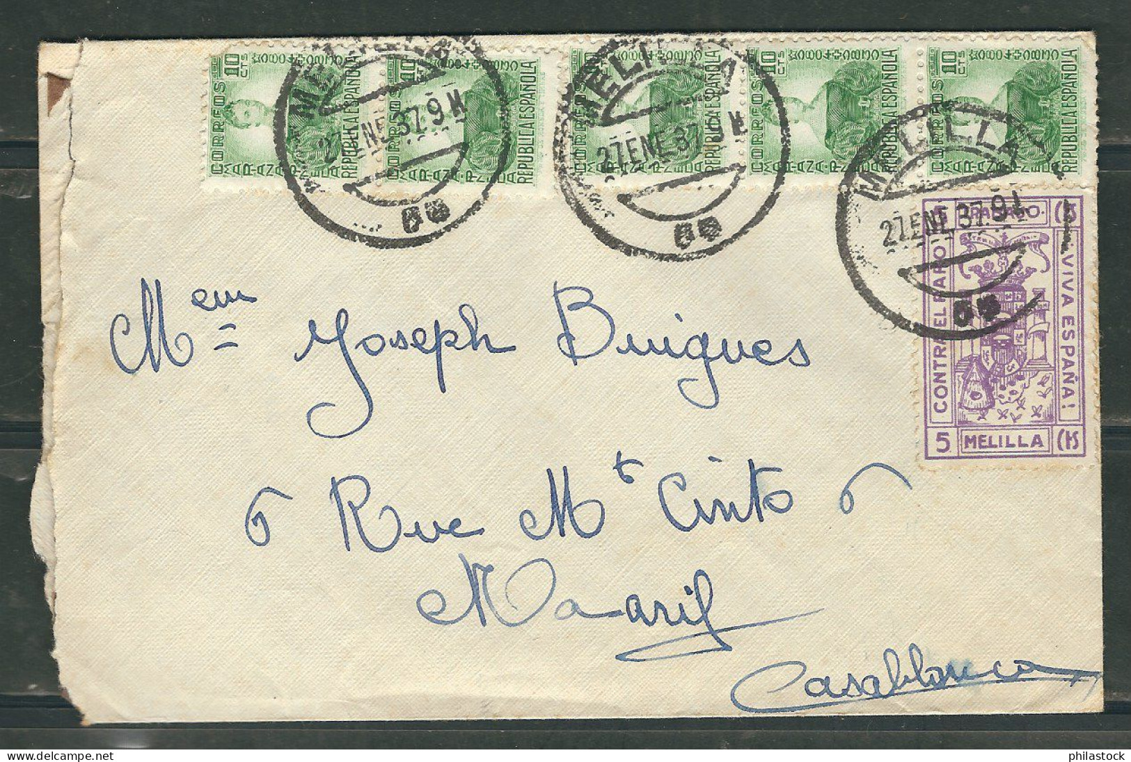 ESPAGNE 1937 Lettre Censurée De Melilla Pour Casablanca Maroc - Marcas De Censura Nacional