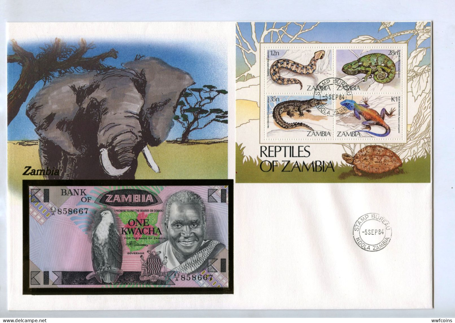 GIANT POSTCARD COMMEMORATIVE ZAMBIA EAGLE FIRST DAY ISSUE SNAKE CAMALEON ELEPHANT FDS UNC - Zambia
