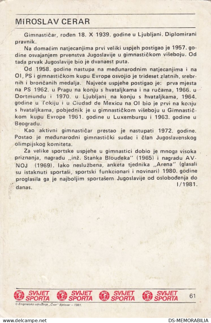 Miroslav Cerar Yugoslavia Gymnastics Trading Card Svijet Sporta - Gimnasia