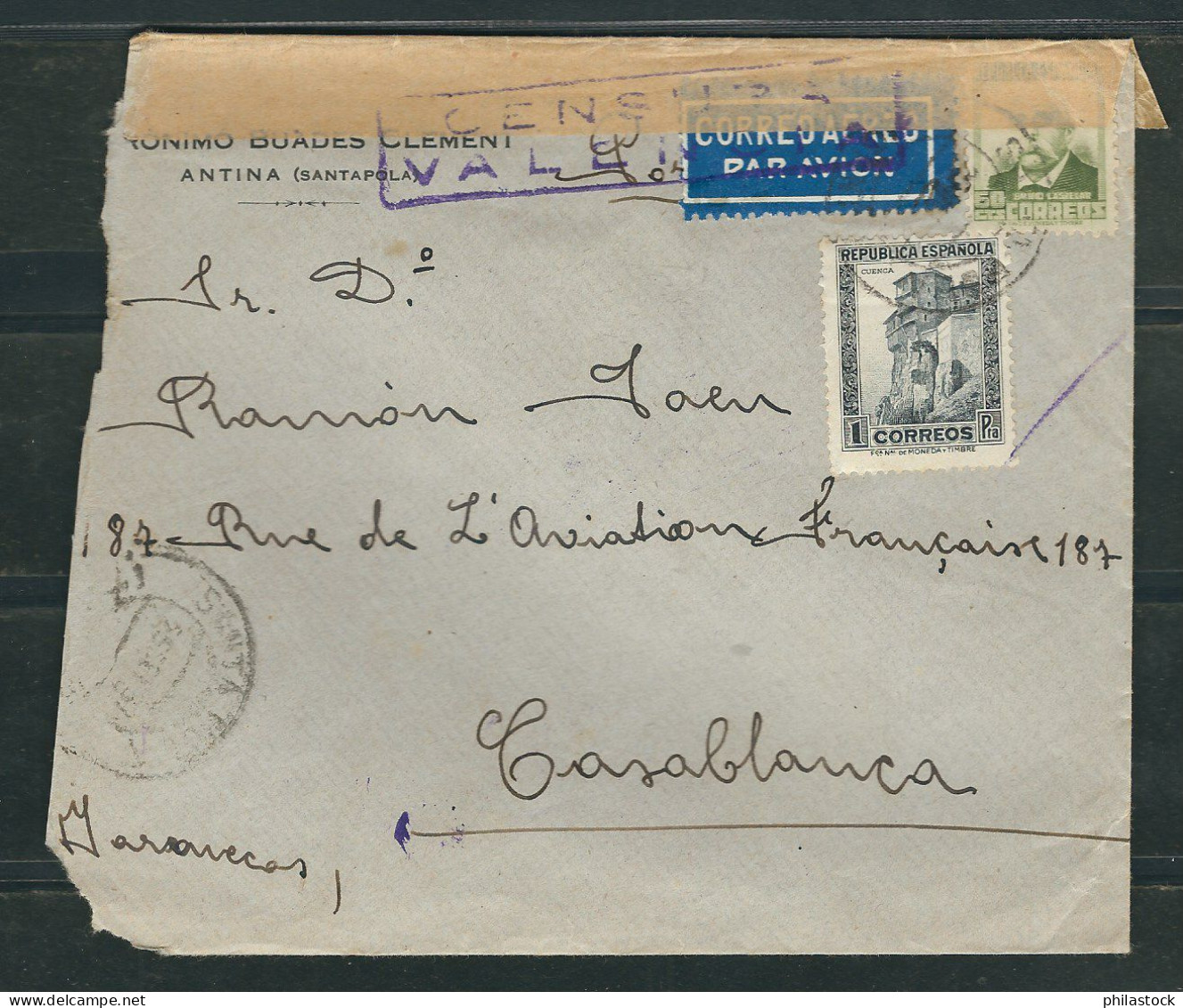 ESPAGNE 1937 Lettre Censurée De Santapola Pour Casablanca Maroc - Nationalists Censor Marks