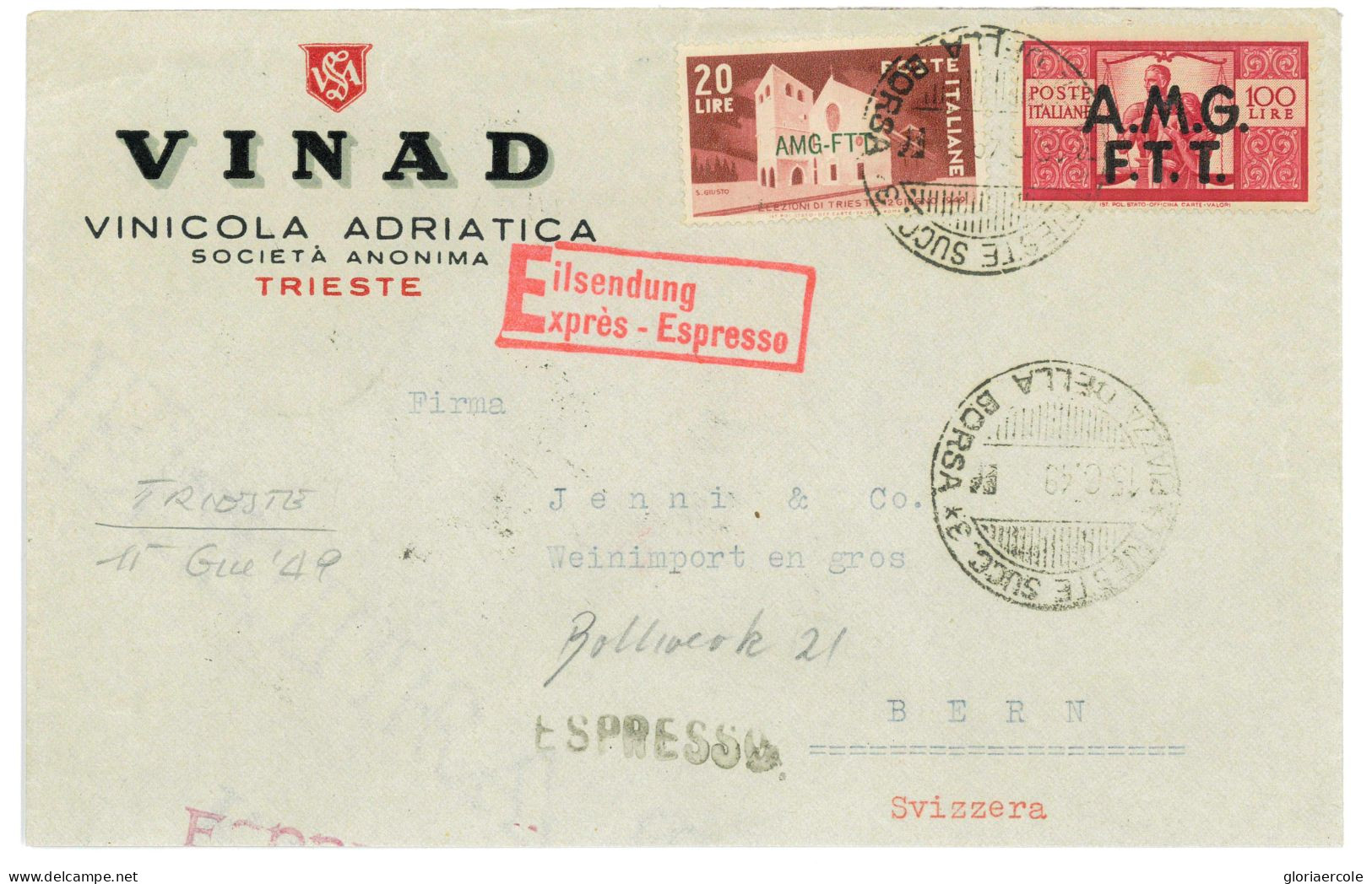 P2668 - ITALIA AMG-FTT , L100 DEMOCRATICA + L20 FIERA DI TRIESTE, ESPRESSO PER LA SVIZZERA 15.6.1949 - Poststempel