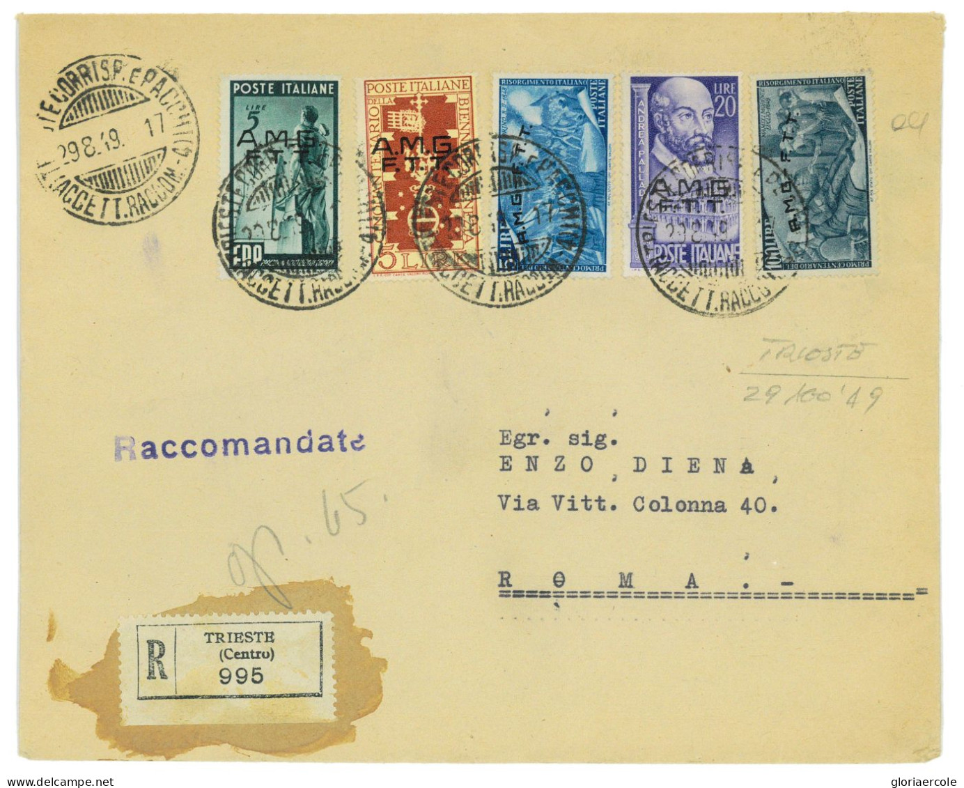 P2669 - ITALIA AMG-FTT , L100 RISORGIMENTO + ALTRI, IN AFFRANCATURA MULTICOLORE , RACCOMANDATA PER ROMA 29.8.49 - Poststempel