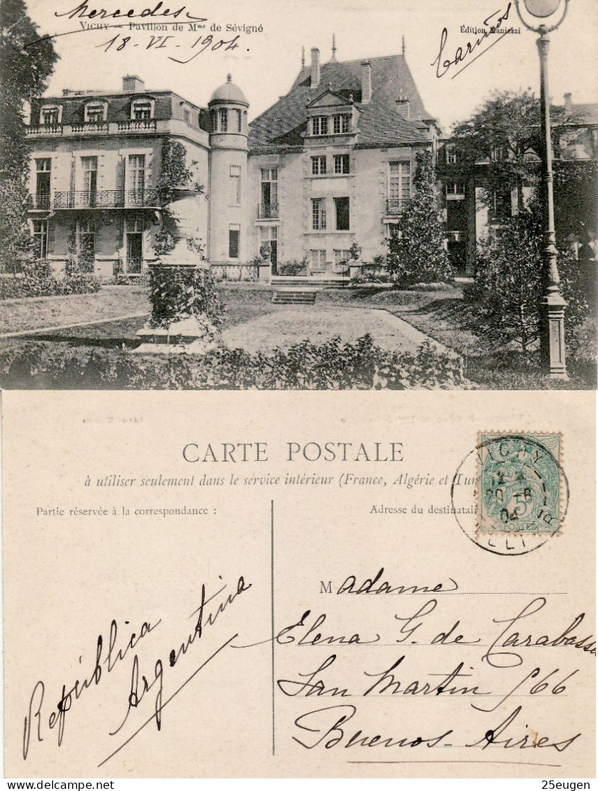 FRANCE 1904 POSTCARD SENT  FROM VICHY TO BUENOS AIRES - 1900-29 Blanc