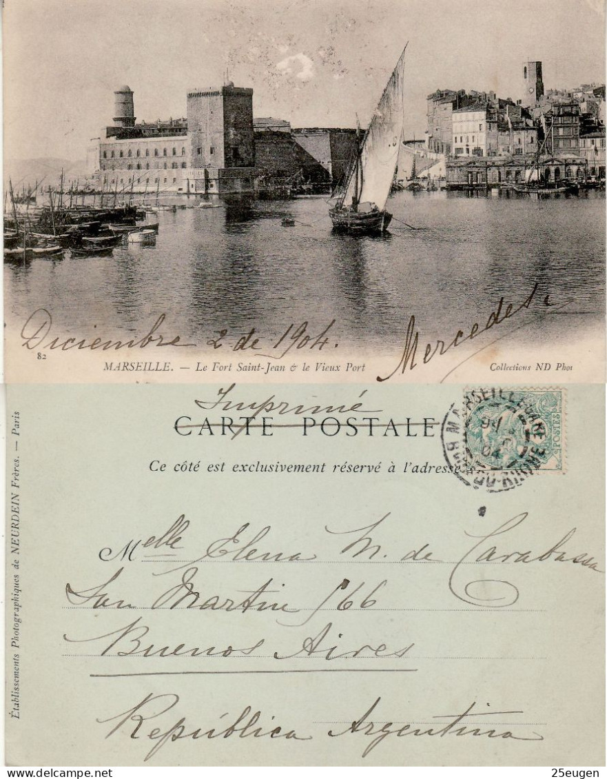 FRANCE 1904 POSTCARD SENT  FROM MARSEILLE TO BUENOS AIRES - 1900-29 Blanc