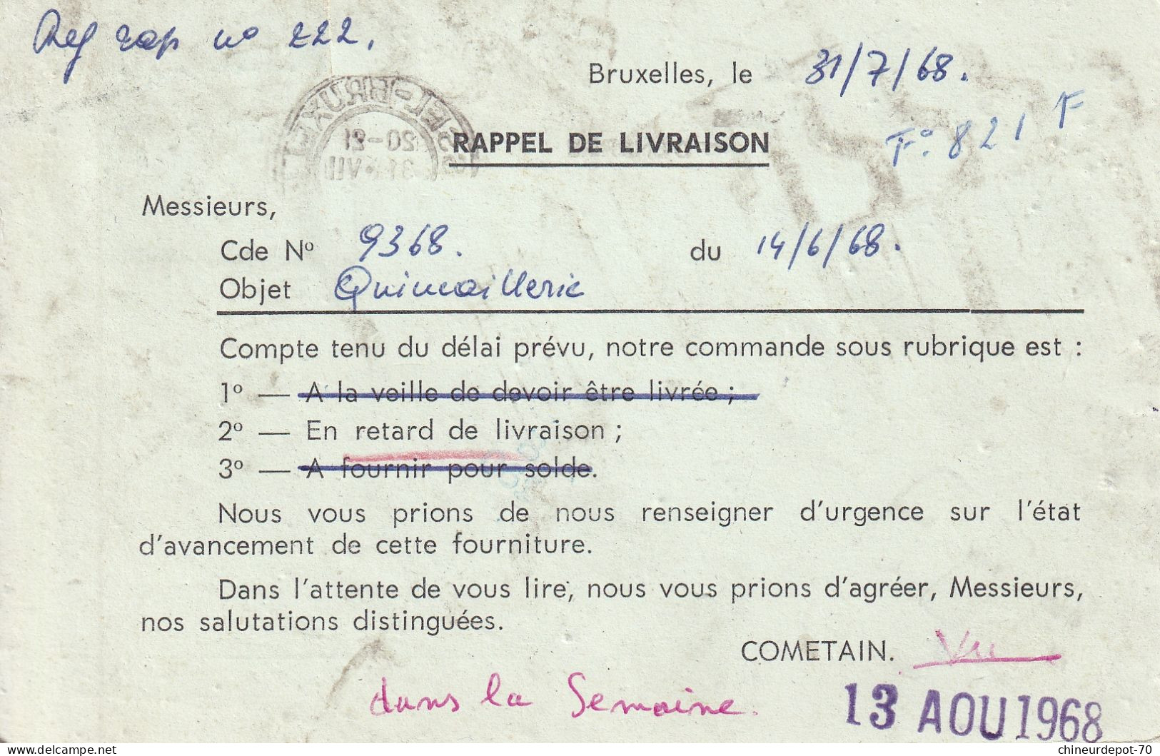 Compagnie Internationale De L'étain Cometain Société Anonyme 112 Rue Du Commerce Bruxelles 4 1968 - Brieven En Documenten