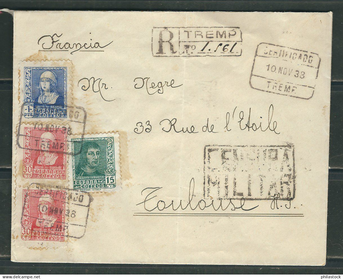 ESPAGNE 1938 Lettre Rec. Censurée De Tremp Pour Toulouse - Nationalistische Zensur